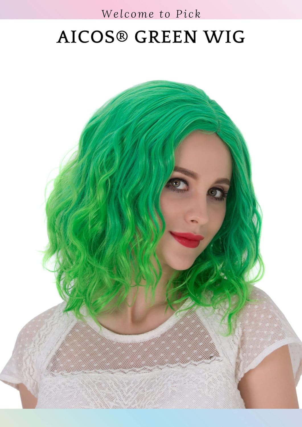 Aicos Short Curly Green Wig, 35cm Fashion Green Bob Wig Perfect for Daily Dress Carnival Party St.Patrick's Day Heat Resistant Anime Cosplay Wig + Free Wig Cap (Bright Green Ombre) - Image 5