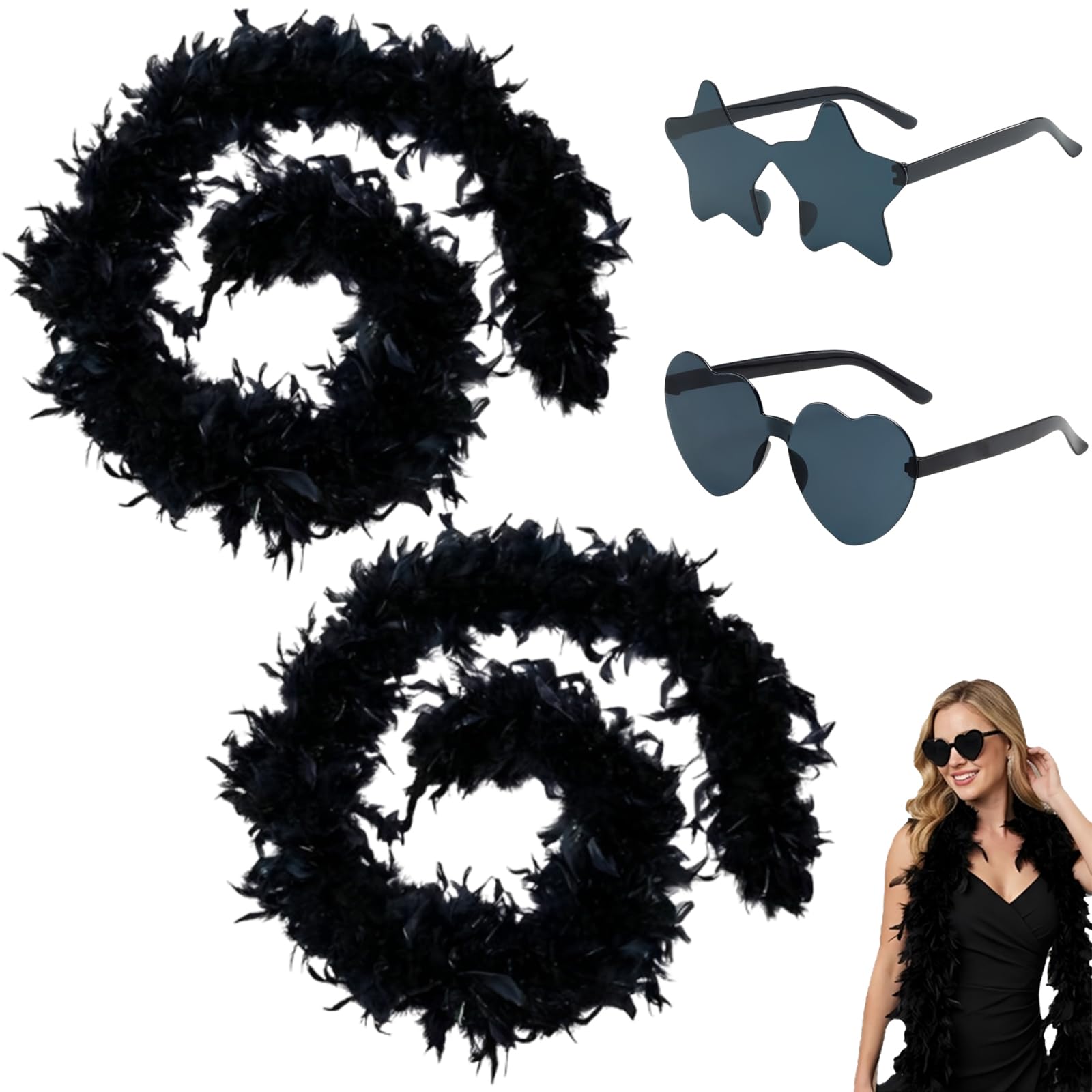 Feather Boa Black, Four Piece Feather Boa Set With Star and Heart Decorations, Black Feather Boa Multipack for Costume Parties and Photo Shoots, Elegant Black Feather Shawl Accessory