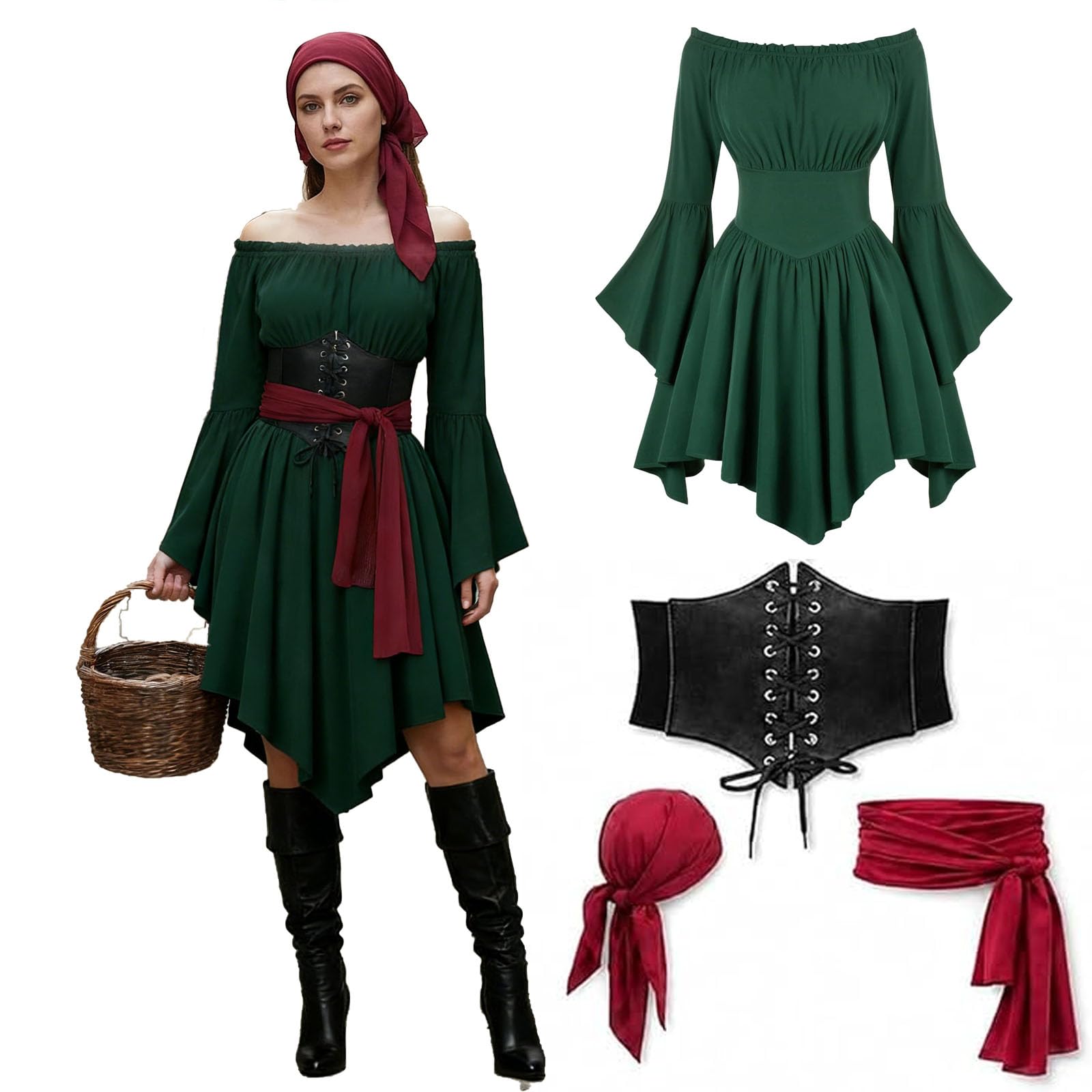 Pirate Costume Women Fancy Dress For Adults Halloween Costumes For Women Plus Size Womens Pirate Costume Adult Ladies Cosplay Accessories Includes 3pcs with 1 Corset Belt,1 Pirate Headscarf, 1 Sash