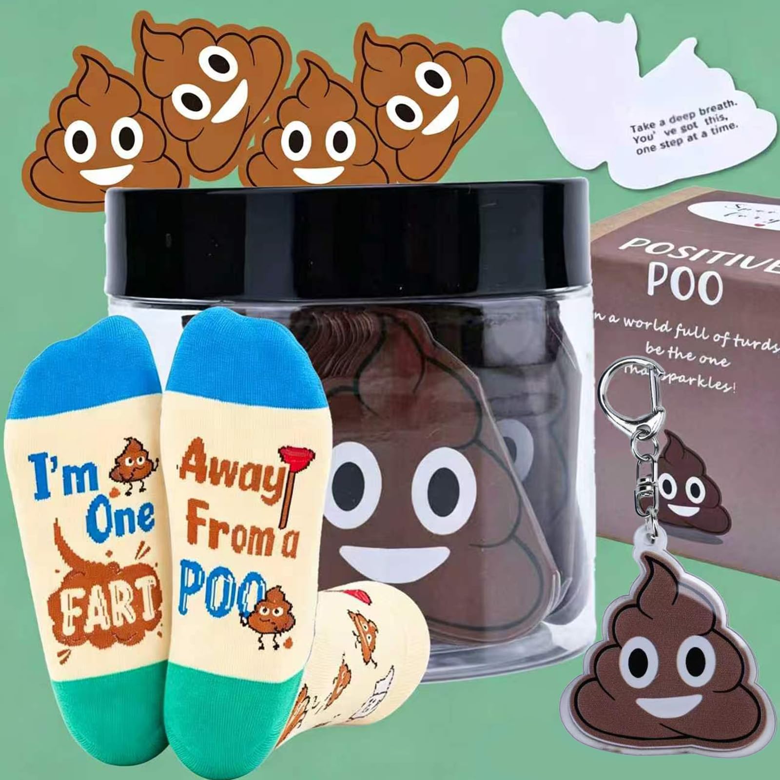 60 Funny Positive Poop Gifts Affirmation Jar with Poo Socks &amp; Keychain Support Poo Cards for Girls Boys Women Teens Mom Dad Teacher Friends Funny Poop Birthday Gift Whit Elephant Inspirational Gift