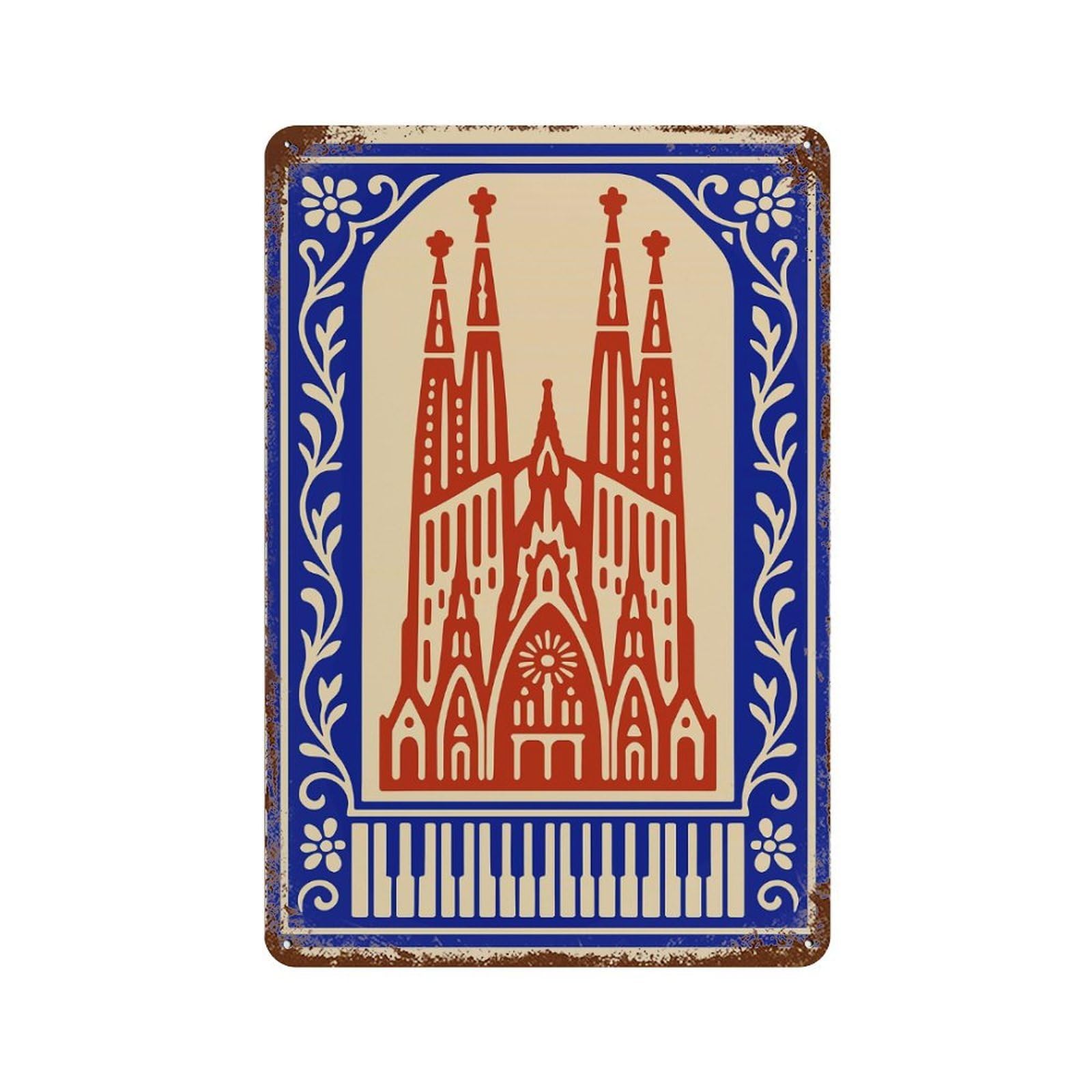 Rust Effect Sagrada Familia Illustration with Floral Border Aged Metal Wall Plaque 11.8"x7.9", Classic Wall Plaque for Basement, Hobby Room And Garage Decor