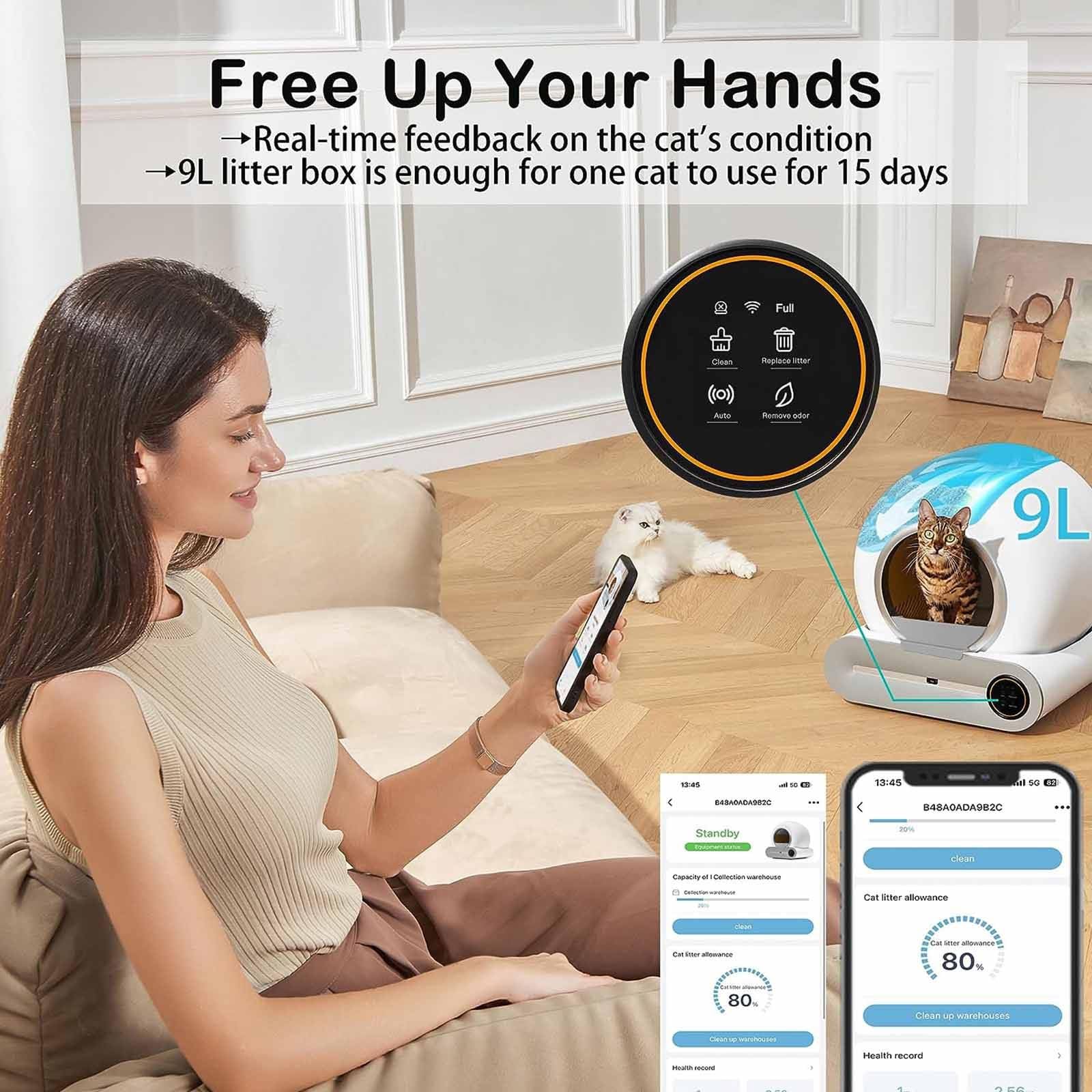PixCy Arenero Gatos Cubierto Autolimpiable 65 L + 9 L De Gran Capacidad, Control De App, Desodorante Iónico Arenero Gato Inteligente, Arenero Autolimpiable para Varios Gatos