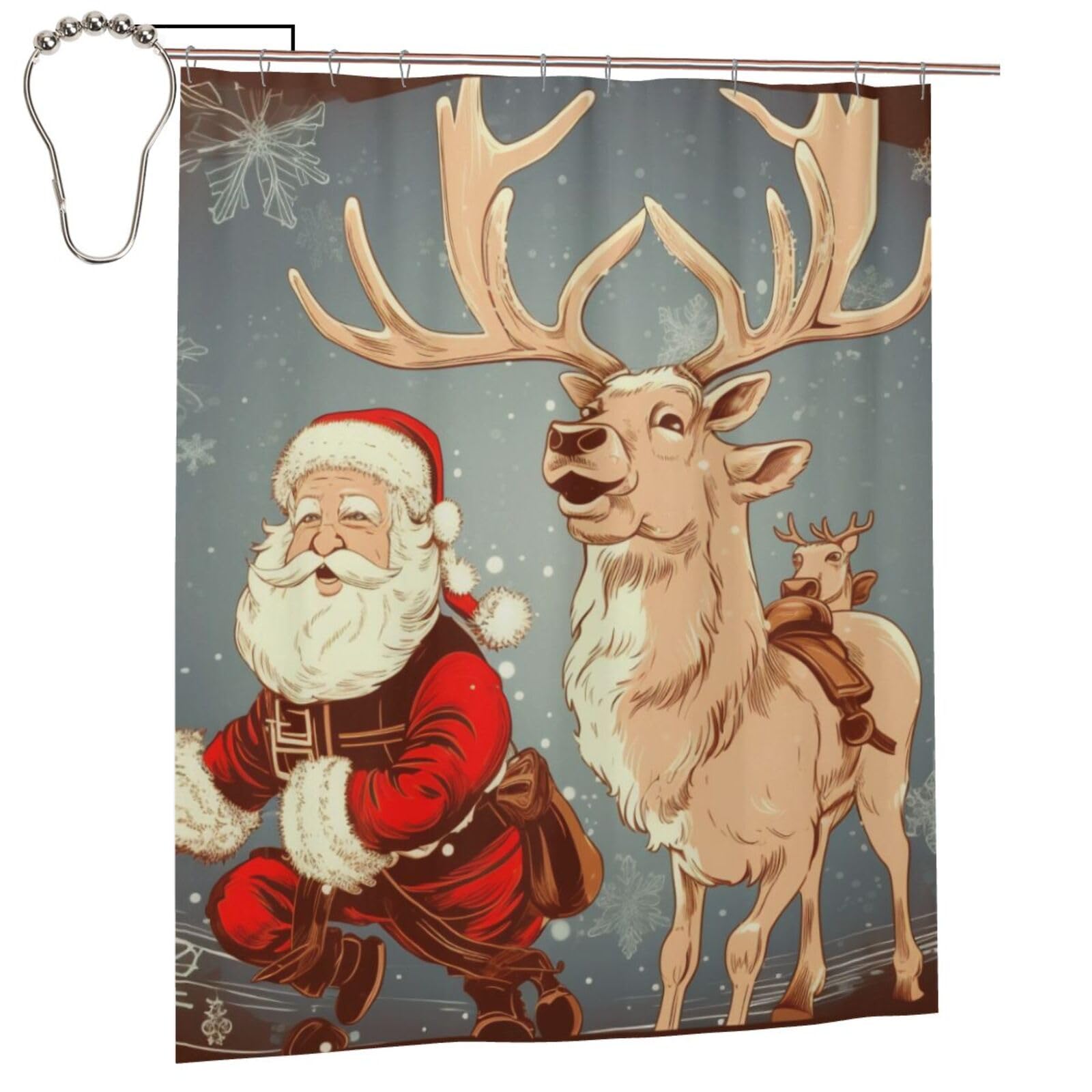 BWWHCCTI Santa Claus and Deer Elk Printed Shower Curtain With 12 Iron Hooks Opaque Quick Drying Waterproof Shower Curtains Sets For Bathroom 152x183 Cm