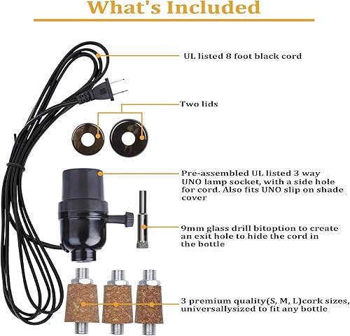 Miniatura 2 de Kit de lámpara de botella con broca de vidrio de 0.354 in, kit de lámpara para botellas de licor con enchufe deslizante y cable de alimentación de 8