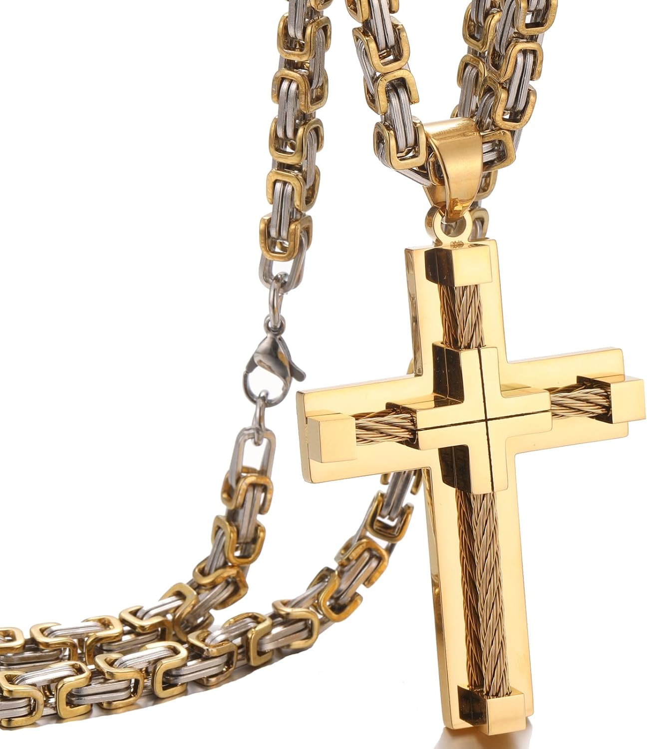 Men's Cross Necklace Stainless Steel Cable Cross Pendant Christ Jesus Belief Jewelry, 24'' Rolo Chain