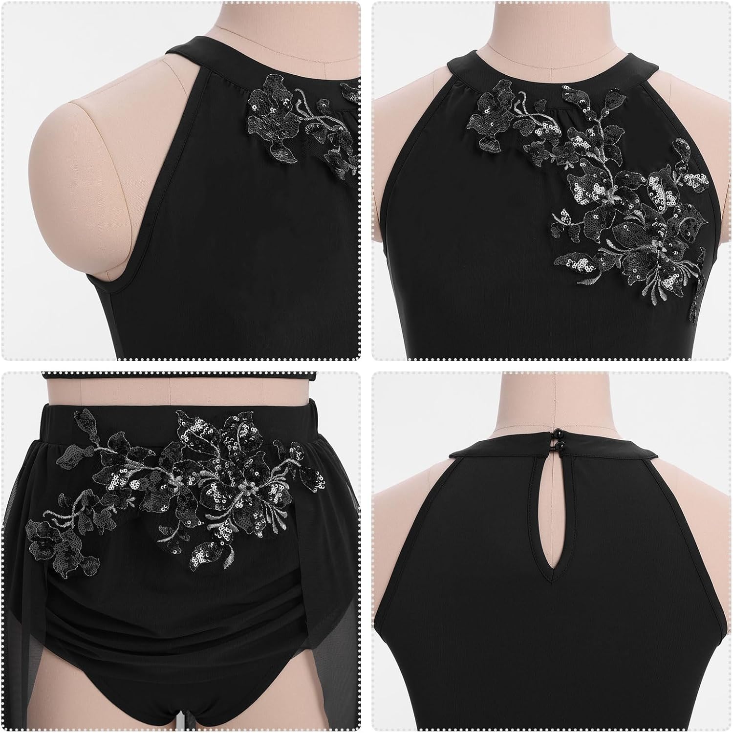 ODASDO Lyrical Dance Costumes for Women Contemporary Dancewear Sleeveless Crop Top with Mesh Tulle Flowy Skirt 2pcs Set