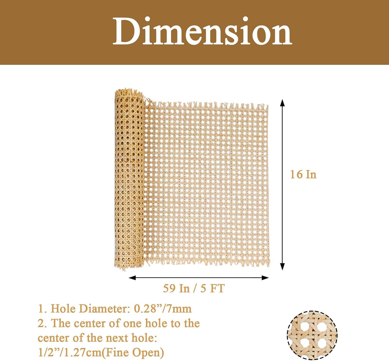 16" x5FT Natural Rattan Cane Webbing, Woven Open Mesh Cane Net Roll for DIY Caning Furniture Decor Projects: Chair, Cabinet, Ceiling and Door(59x17 in)