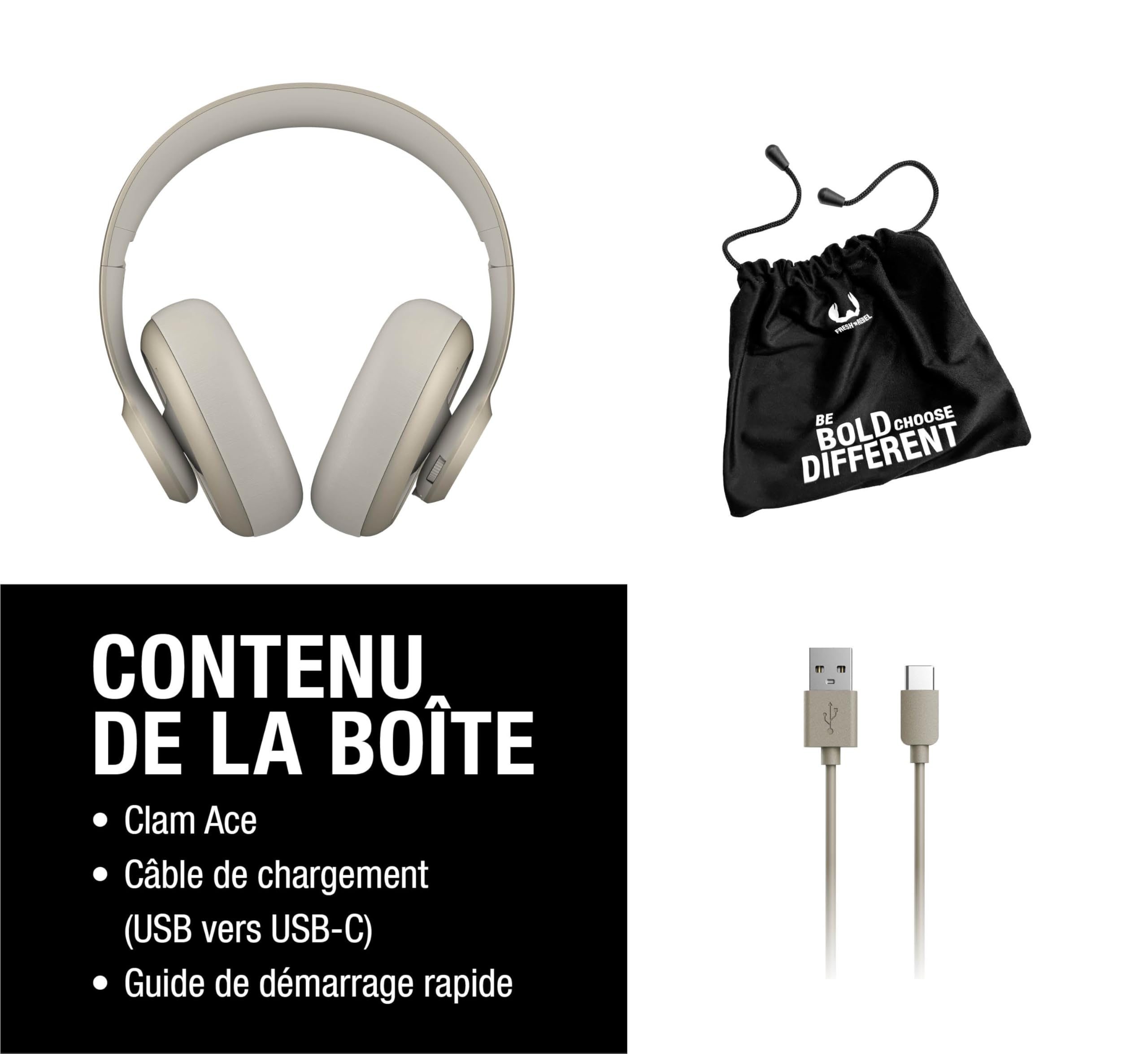 Fresh 'n Rebel Clam Ace Casque Bluetooth Supra-Auriculaire avec Réduction de Bruit Active Hybride, sans Fil, 60h d'autonomie, avec Microphone ENC, Charge Rapide, Réduction du Bruit du Vent (Beige)
