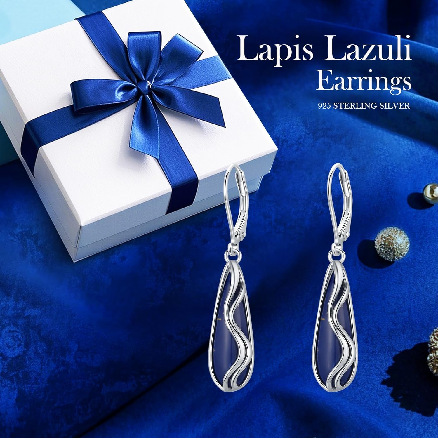 Vintage 925 Sterling Silver Lapis Lazuli Earrings for Women, Genuine Blue Stone Filigree Dangle Leverback Drop Earrings for Everyday Wear/Birthday Christmas Gift (A01-Wave)