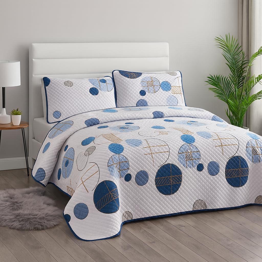 DBOZE Reversible Cotton Blend 3-Piece Embroidery Pattern Elegant Bedding Quilt Set with Embroidered Decorative Shams Soft Bedspread & Coverlet Set (Blue/White, Queen)