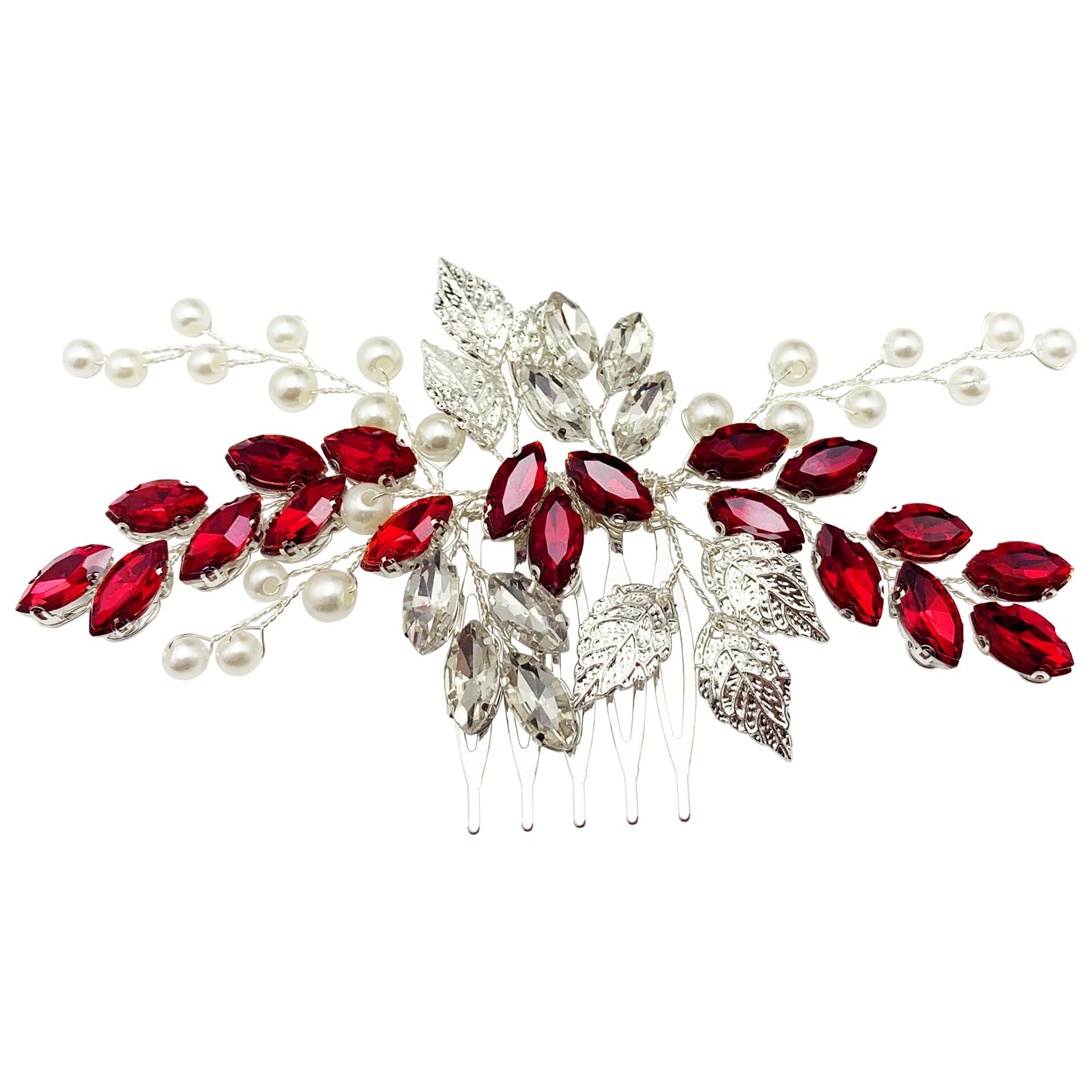 Pettine per capelli da sposa con strass di cristallo, accessori per capelli con foglie argentate, per donne e ragazze, feste di ritorno a casa (rosso vino)