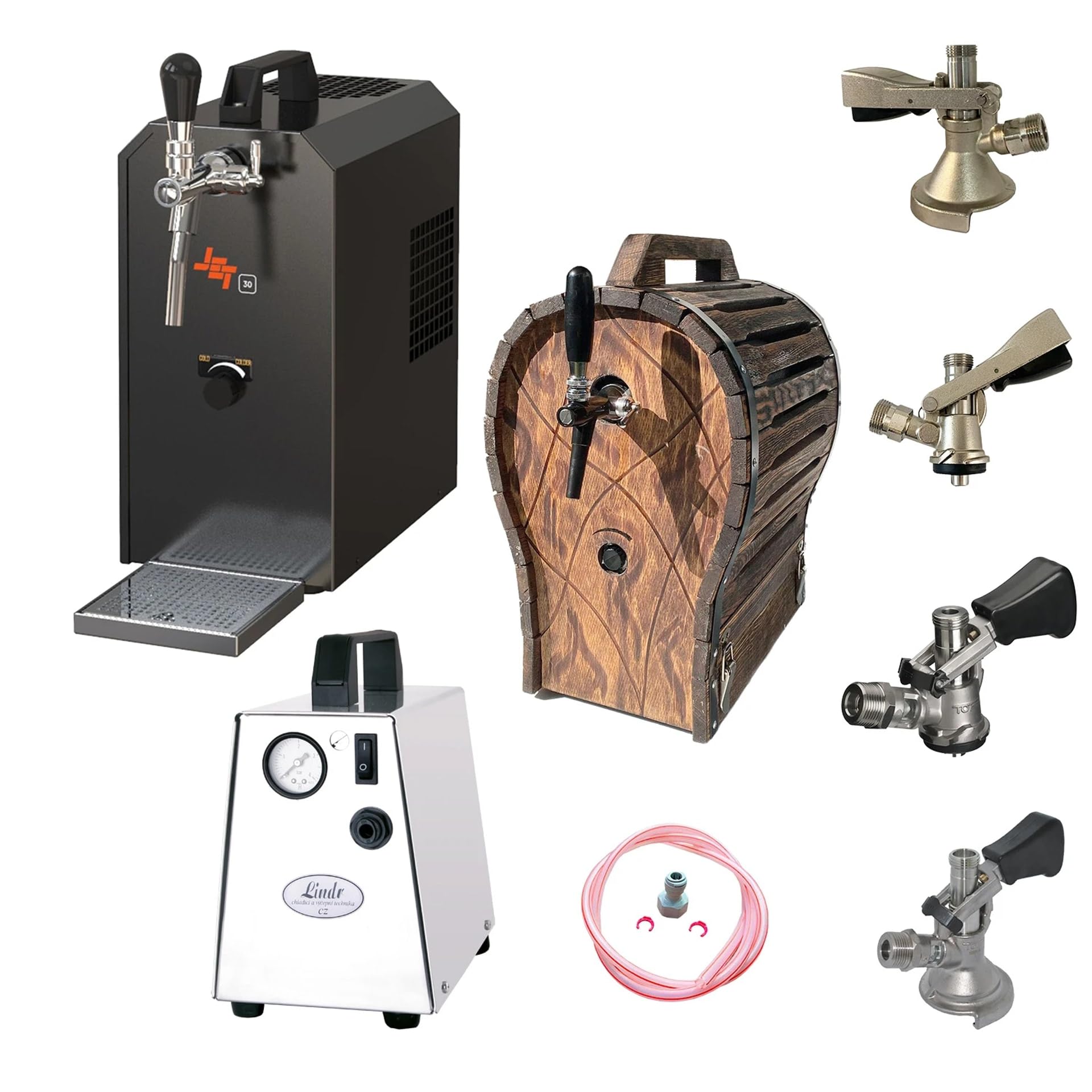 Kit Completo dispensador de Cerveza Jet 30 con maletín, Enfriador de Flujo Continuo 1 vía hasta 35 l/h, Barril de Madera, Grifo Triangular y keg Tipo G