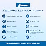 Asani Plug-in Mini Surveillance Camera - Nanny & Pet Cam - NO Audio Recording - Records Video ONLY - Home & Office Security with Micro SD Card Slot, Motion Detection, 1080P Full HD Video