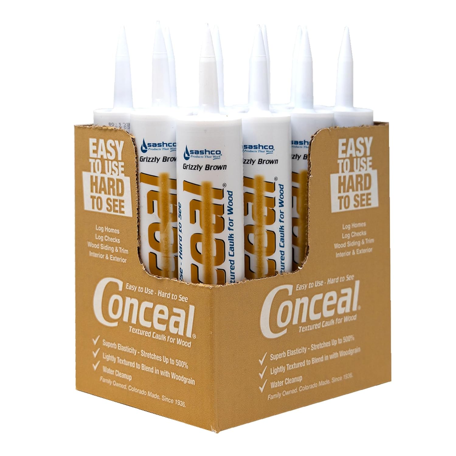 Sashco - 46090-12 Conceal Textured Wood Caulking, 10.5 Ounce Tube, Grizzly Brown (Pack of 12)