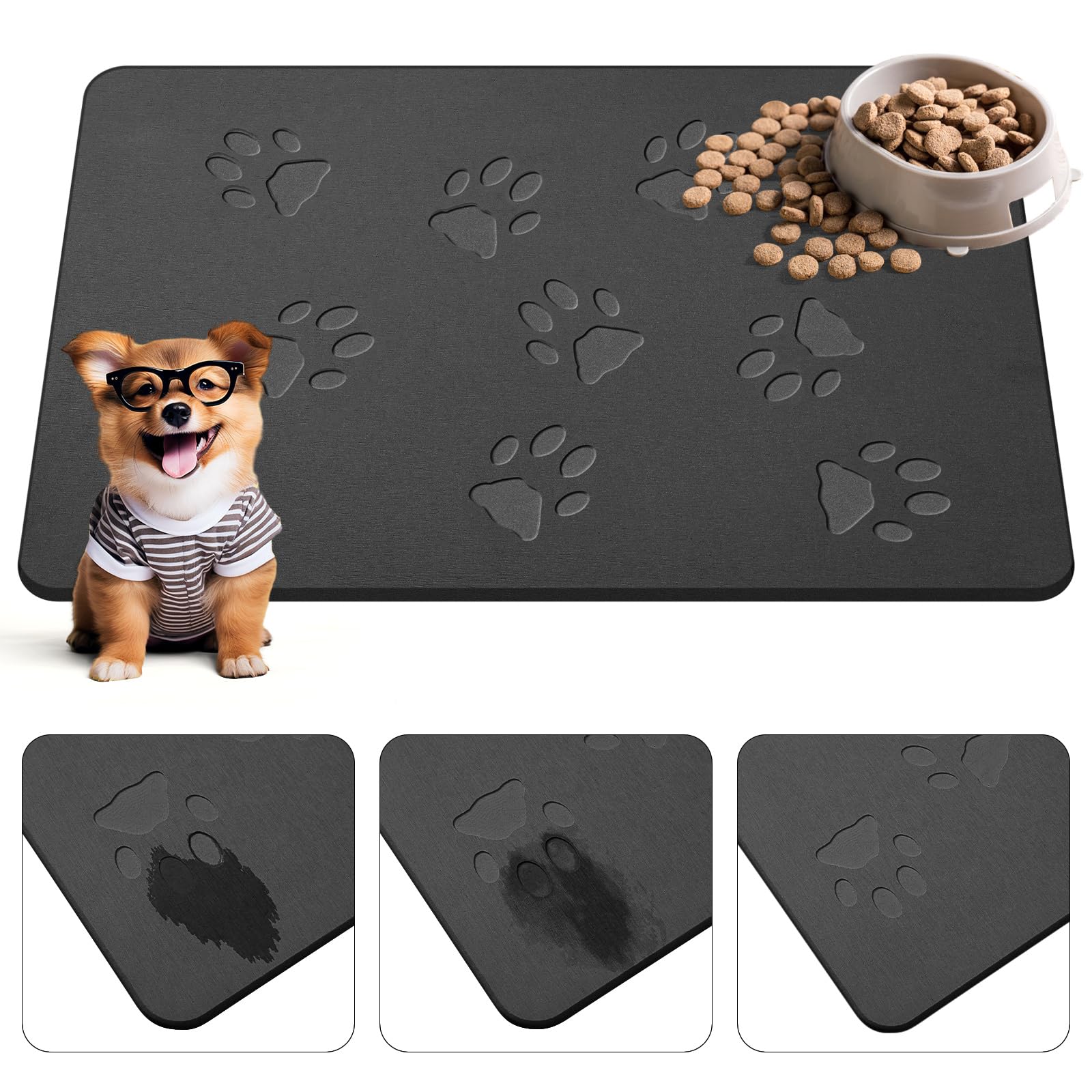 Drydiet Valentine Dog Gift Stone Mat for Dog Bowl Diatomaceous Earth Absorbent Non Slip Cat Puppy Mat for Food and Water Quick Drying Easy to Clean Placemat for Bowl Dish(Black,16 x 24 Inch)
