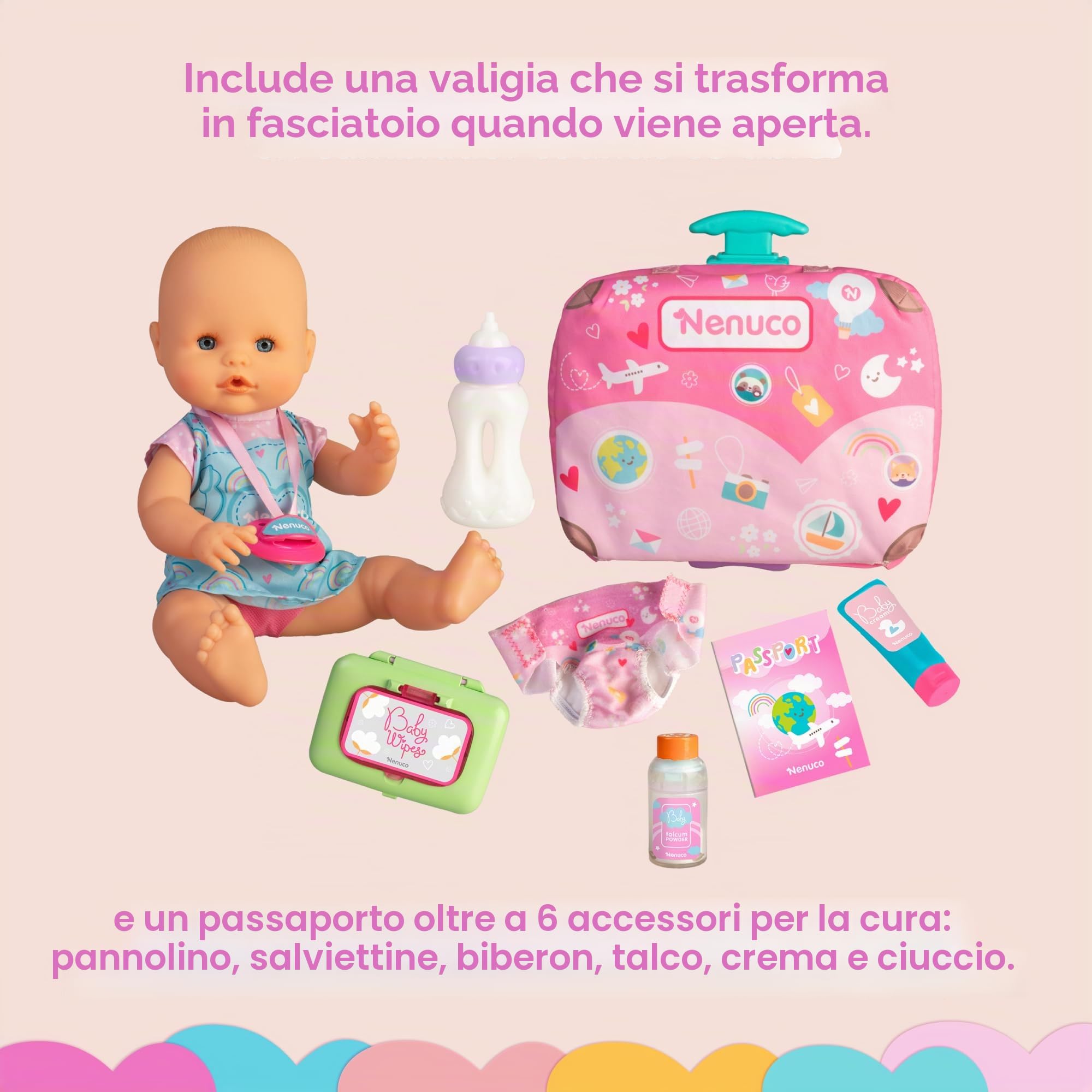 NENUCO - Viaggia con me, bambola da 30 cm con corpo duro con valigia fasciatoio, include cintura per trasporto sicuro e 6 accessori per la cura, +2 anni, famosa (NFNC9000)