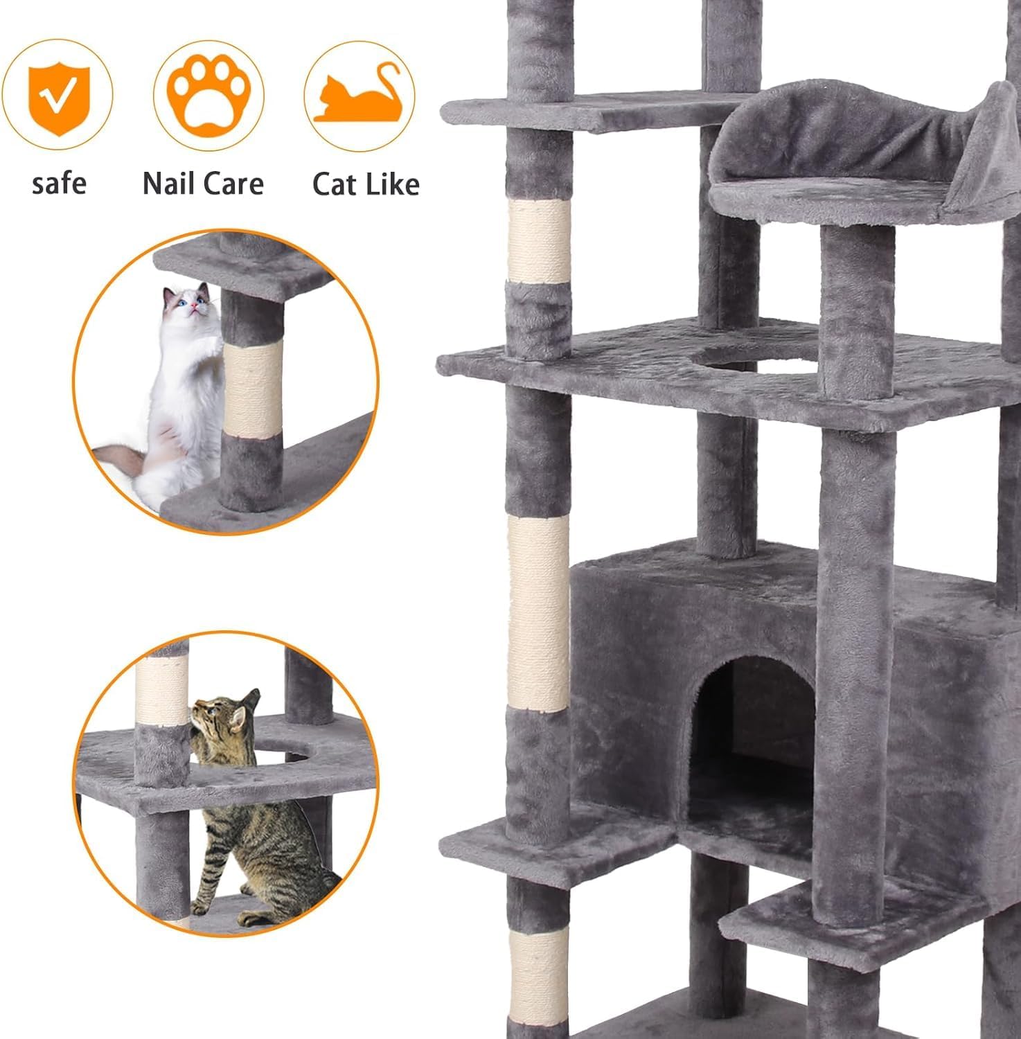 GarveeLife Cat Tree, Tall Cat Tower Condo for Indoor Large Cats, Cat House Furniture with Padded Plush Perch Sisal Scratching Posts