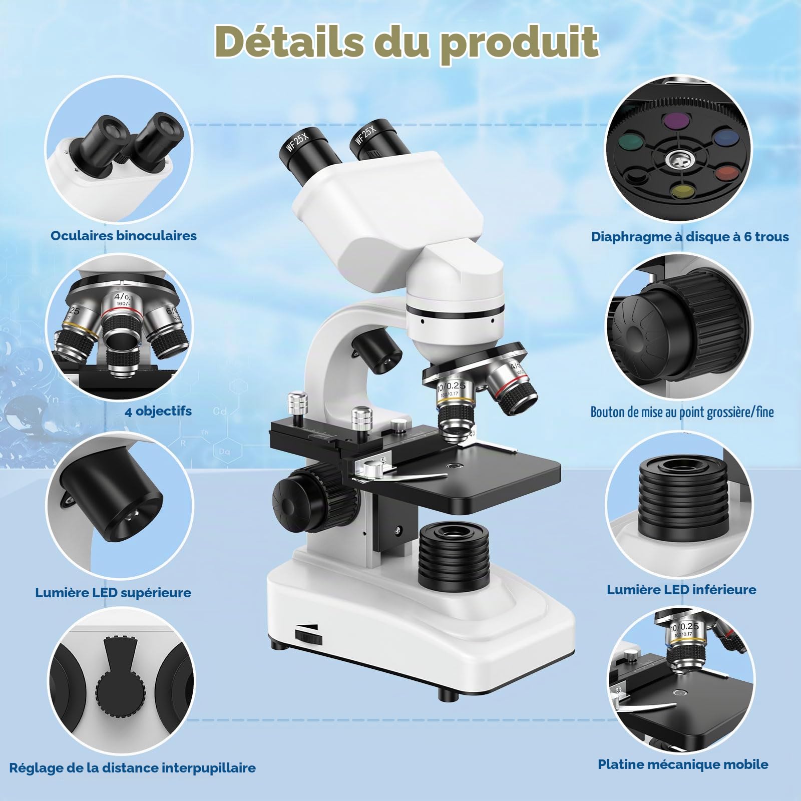 Microscope Binoculaire Composé Professionnel 40X-1000X pour Enfants Adultes | Microscope avec Platine Mécanique Double LED Adaptateur Smartphone Mallette Transport pour Étudiant Laboratoire École Maison