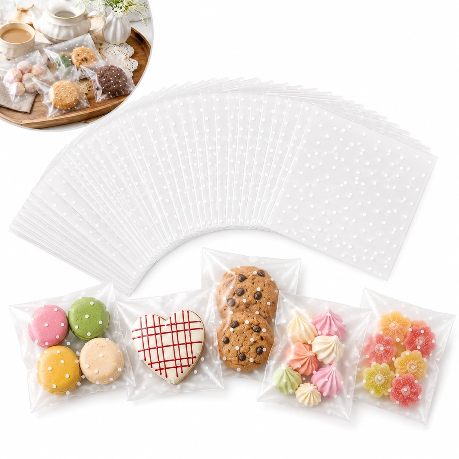 98 White Dot Cellophane Bags, Self-Seal Cookie & Biscuit Bags, 7 x 7 cm
