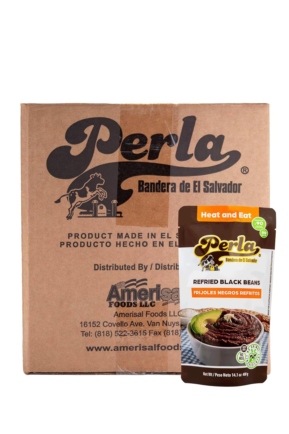 Perla Refried Black Beans - No MSG, Non BPA, No Animal Ingredients, No soy added, No Preservatives, No artificial additives, 6 Grams of Protein, Microwavable, Fully Cooked, Just heat and eat |14 ounce (Case of 20)
