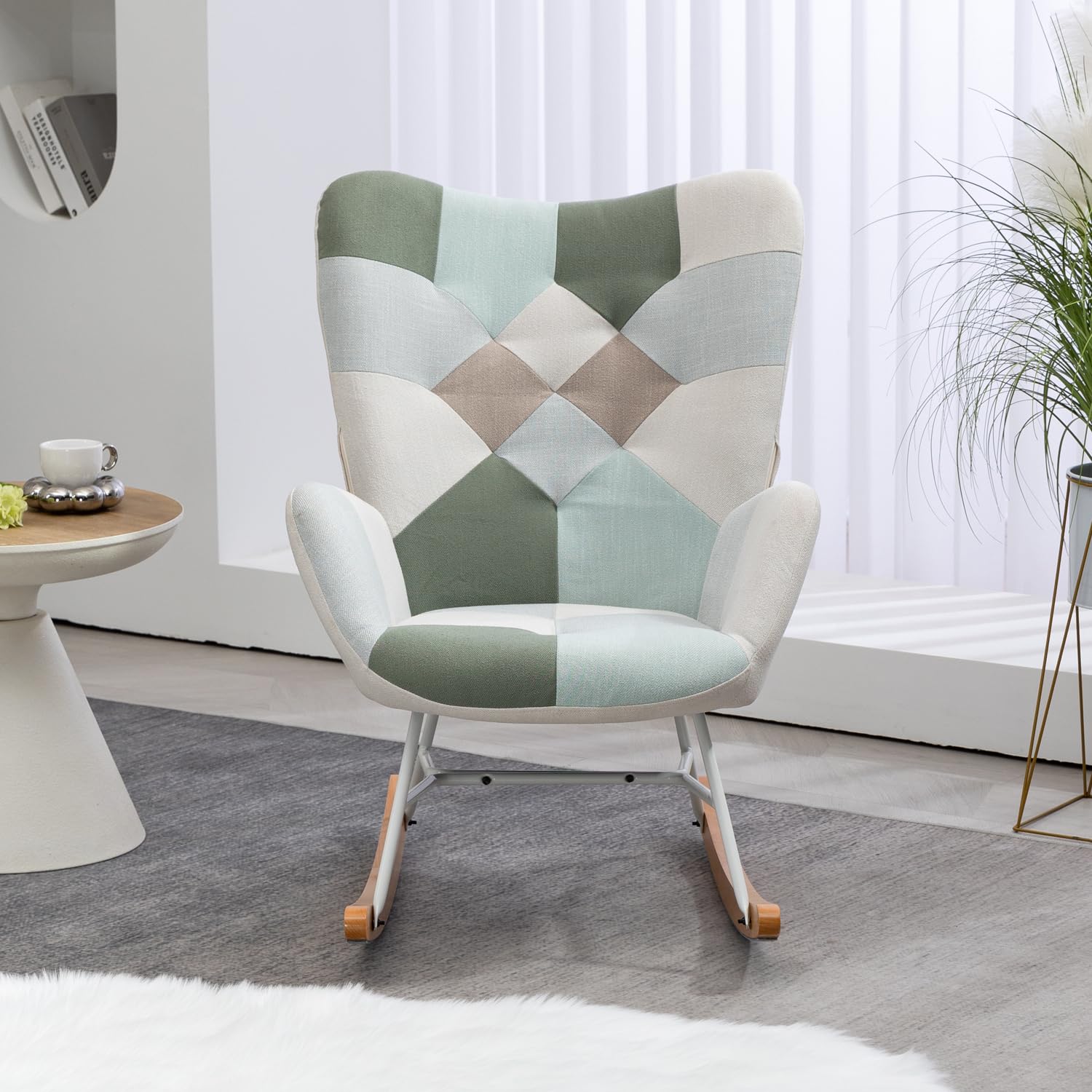 MEUBLE Cosy Schaukelstuhl Sessel Schaukelsessel Stillstuhl Schwingstuhl mit Armlehnen Gepolsterter Sitzfläche für Wohnzimmer Schlafzimmer, Balkon, Stoff und Holzkufen, Bis 120 kg Belastbar, Patchwork