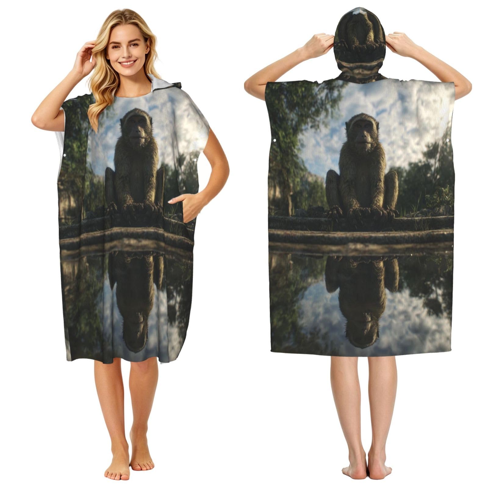KLGRTJHK Monkeys By The Lake Adult Hooded Beach Poncho Towel 43"X35"