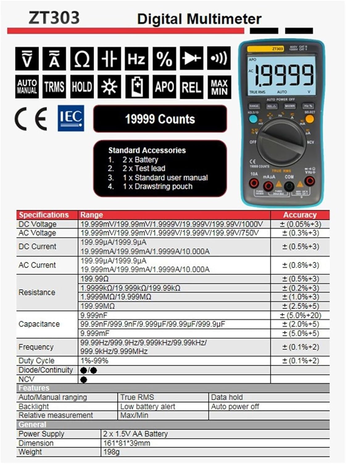 Digital Multimeter 19999 High Precision True RMS Auto Range Ammeter Voltmeter Smart Capacitor Temperature NCV Ohm Hz Tester(ZT303 19999 Count)
