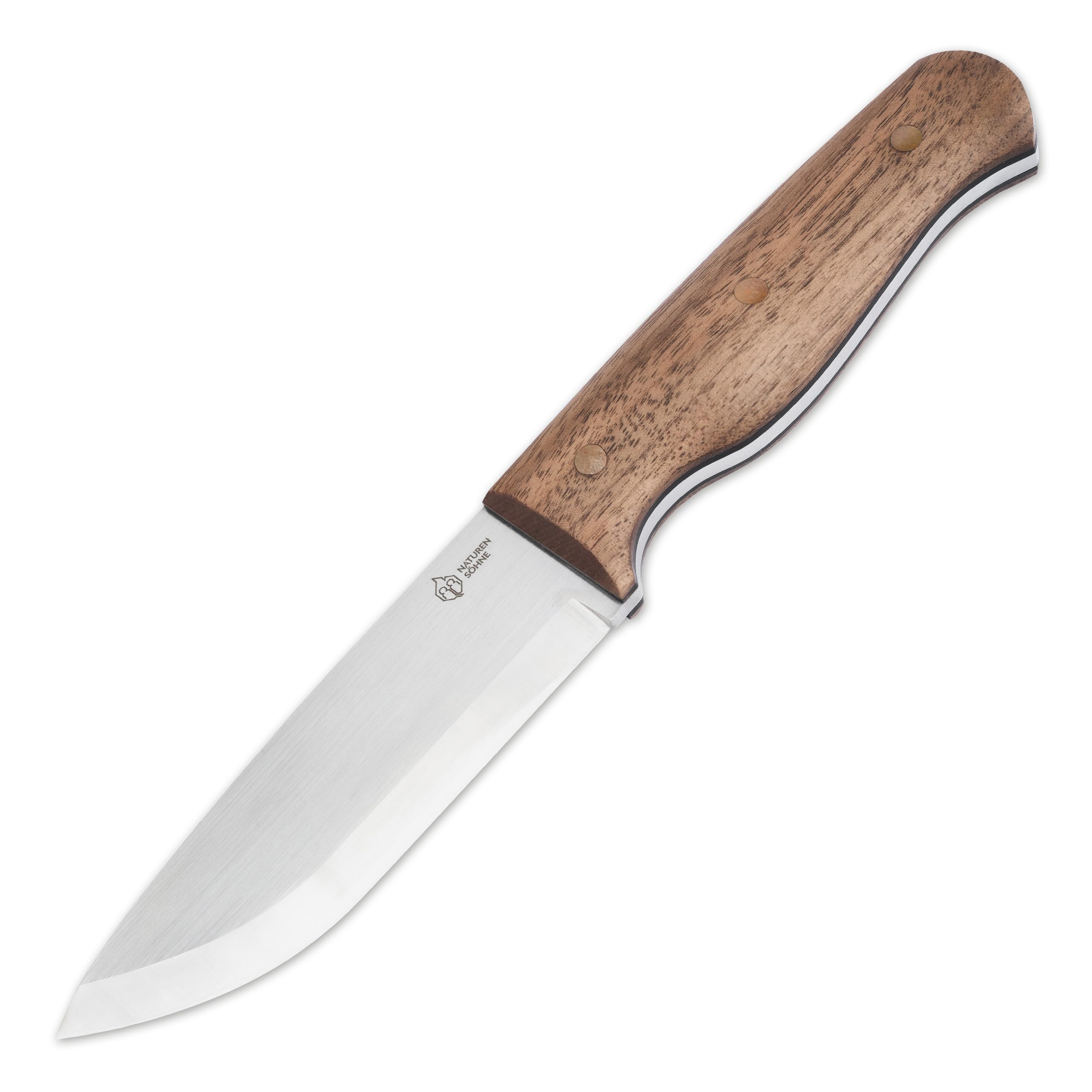NATURENSÖHNE® MK. III - Jagdmesser mit 11,2 cm Scandi Klinge feststehend - Fulltang Bushcraft-Messer mit Walnuss Holzgriff - Outdoormesser mit Leder-Scheide - Fahrtenmesser klassisch für Pfadfinder