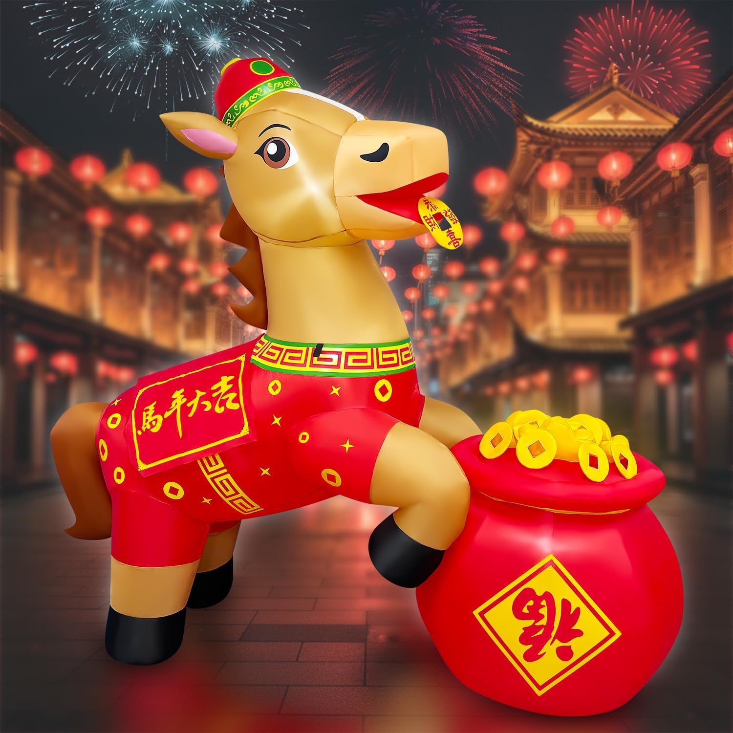 6FT Inflatable Chinese Horse with Red Outfit and Gold Coins, 2026 Year of The Horse Lunar New Year Outdoor Decoration with LED Lights for Spring Festival Yard Porch Lawn Decor