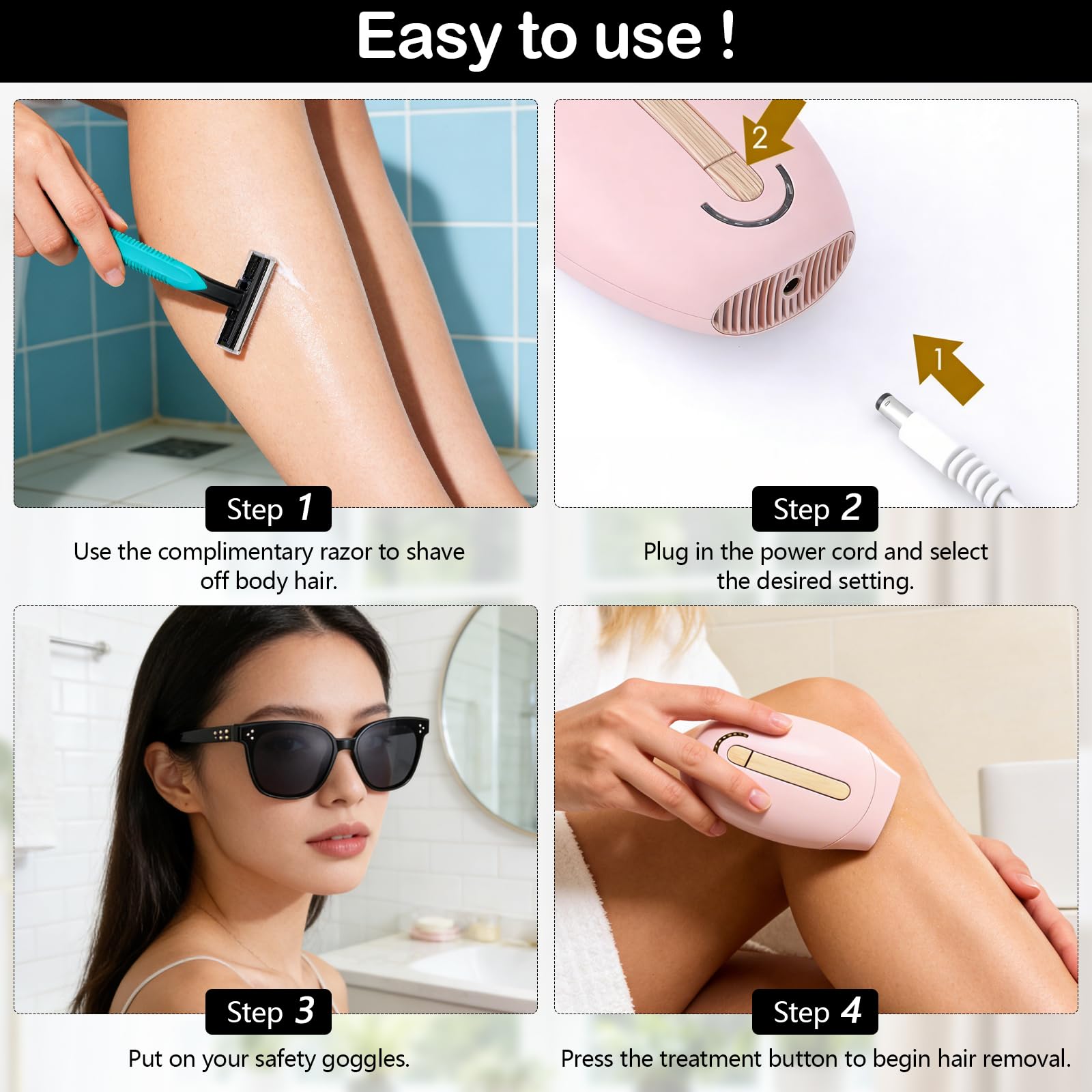 Epilatore IPL Laser setoso, con occhiali di protezione e rasoio, 5 livelli, tecnologia freddo indolore, 1.000.000 impulsi luminosi, per viso, ascelle, braccia, zona bikini e gambe
