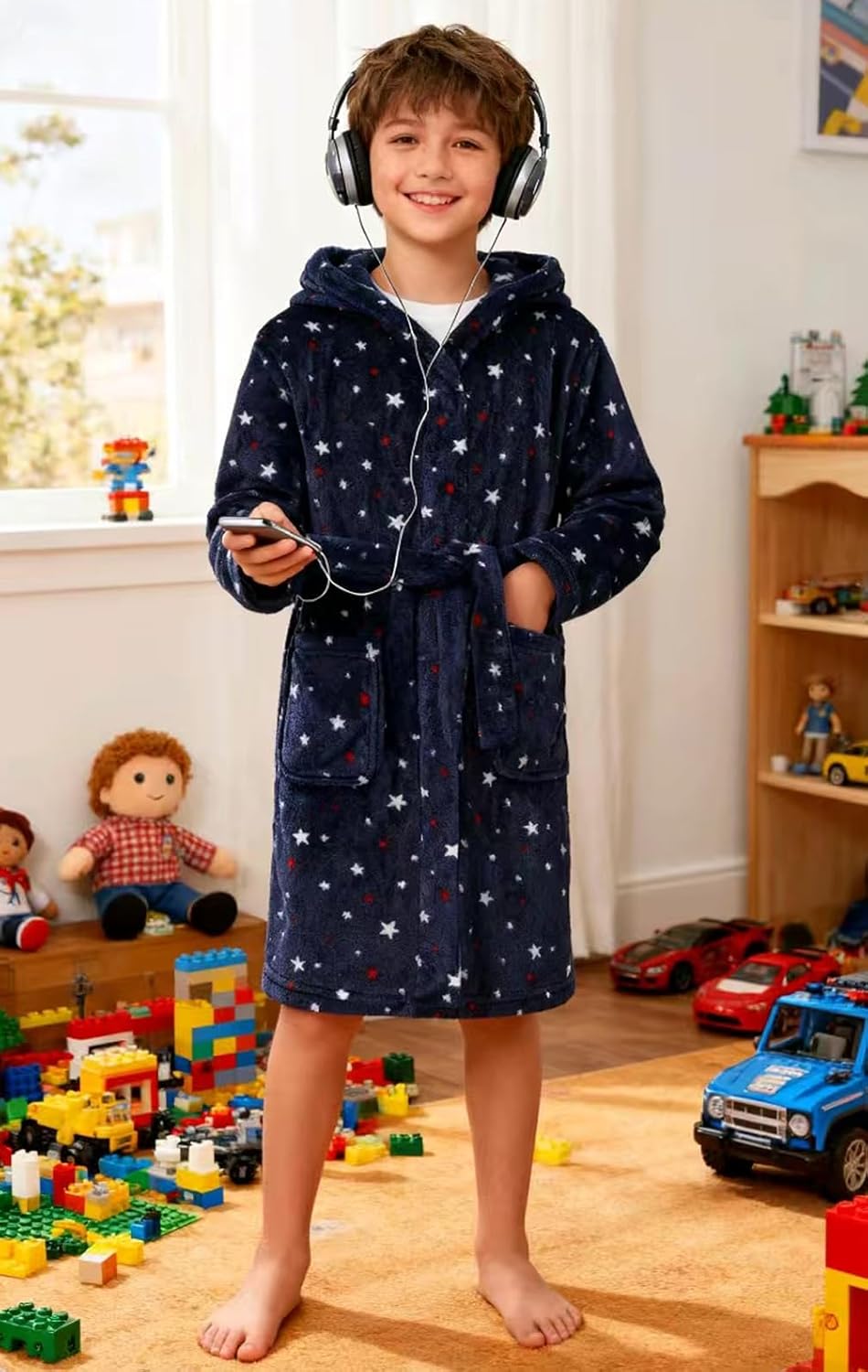 Boys Fleece Robe Sleepwear Hooded Plush Soft Bathrobe for Kids 2-16 Years - Image 6