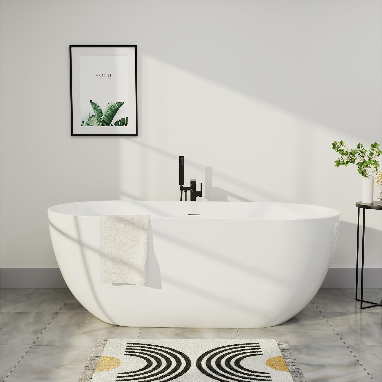 67" Acrylic Freestanding Bathtub, Elegant Oval Free Standing Tub, Soaking Tub with Integrated Slotted Overflow, Toe-Tap Chrome Drain, cUPC Certified, Glossy White