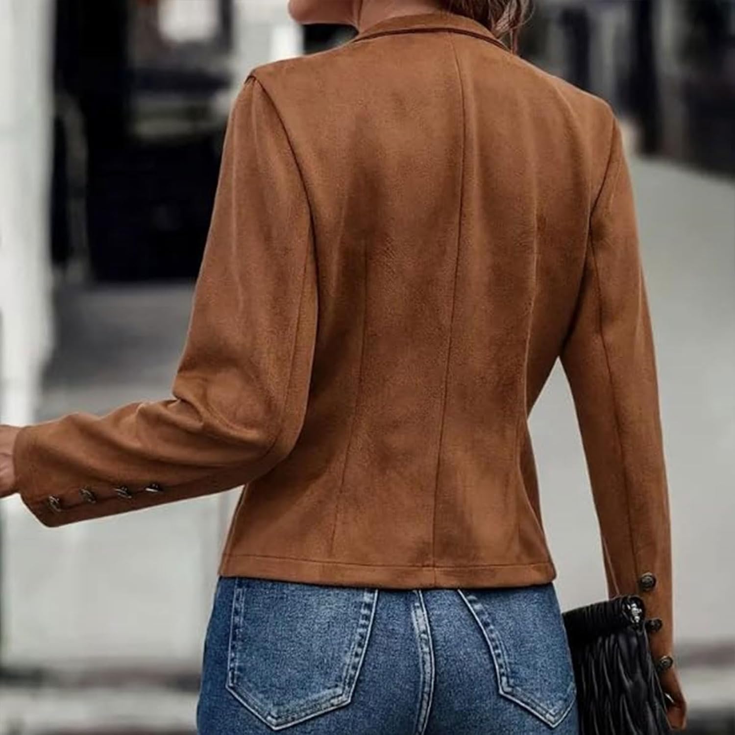 Women's Faux Suede Jackets Slim Fit Cropped Blazer 2026 Fall Casual Fashion Business Long Sleeve Coat - Image 5