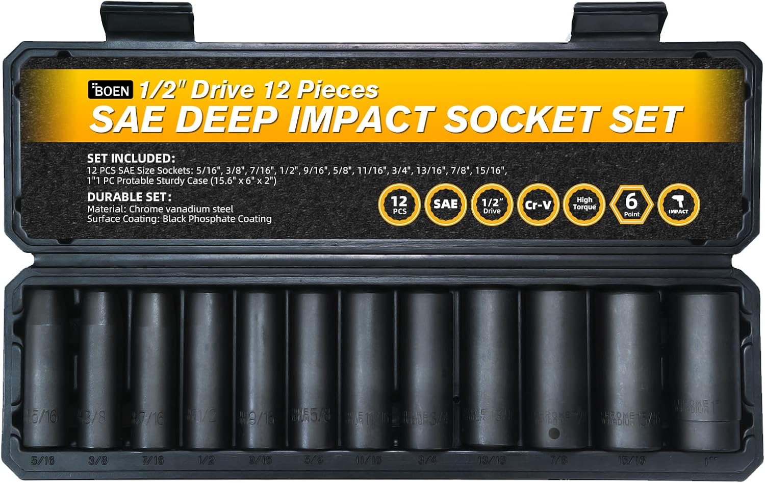 BOEN 32 Piece SAE and Metric 1/2 inch deep impact socket set, Black Phosphate Coating, 6 Point Design, Meets ANSI Standards