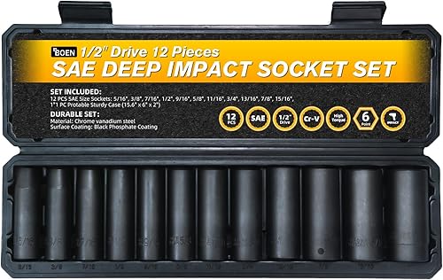 Miniatura 5 de BOEN Juego de 32 piezas SAE y métricas de impacto profundo de 1/2 pulgada, revestimiento de fosfato negro, diseño de 6 puntos, cumple con las normas