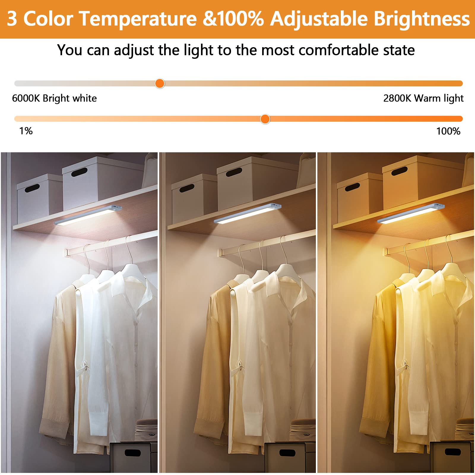 Unterschrankleuchten, dimmbar, 60 LEDs, Bewegungsmelder, Innenbereich, kabellos, wiederaufladbar, 3 Farben, magnetische Schrankleuchte für Küche, Kleiderschrank, 2 Stück