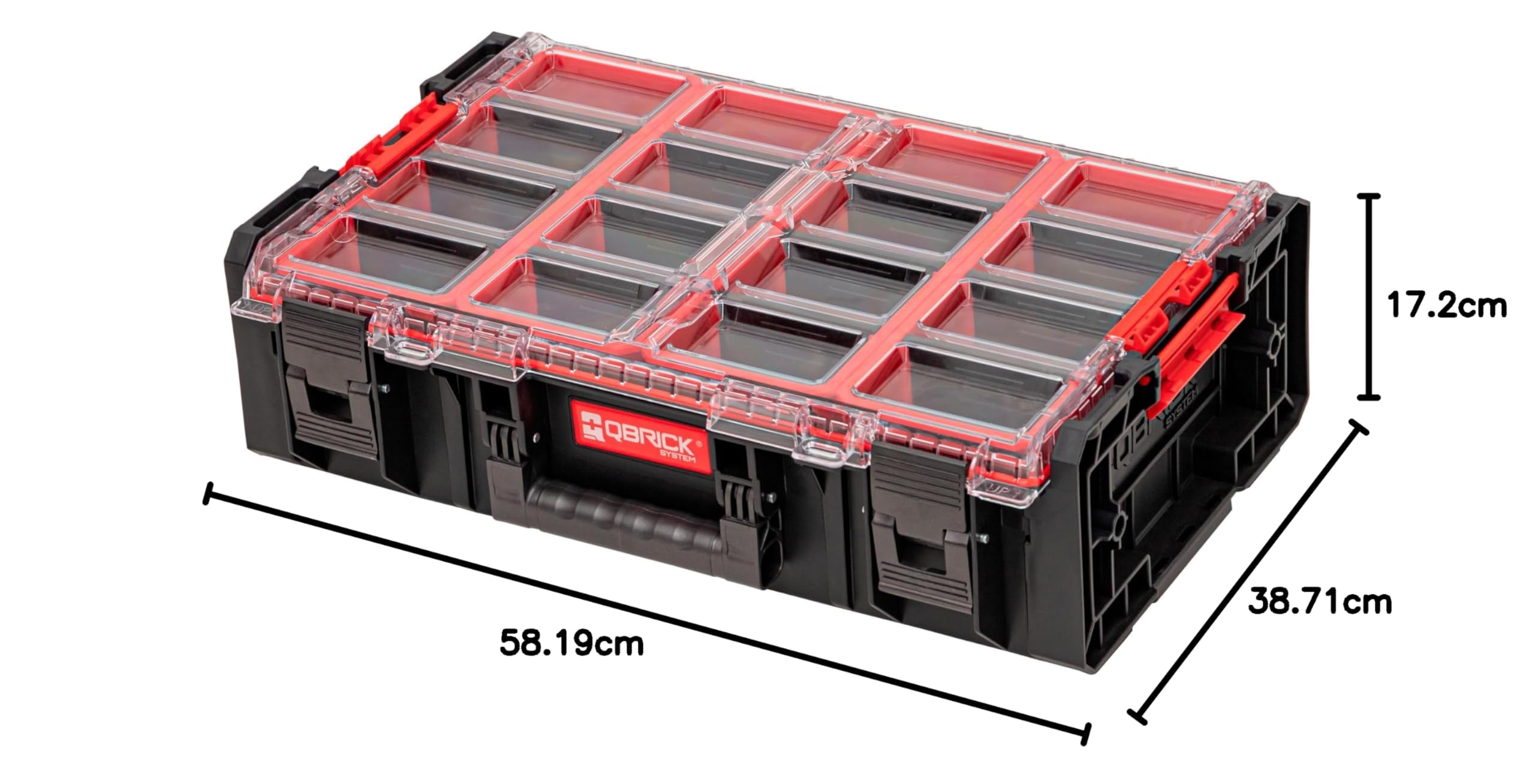 Qbrick Organizer System ONE 2XL 2.0, czarny, organizer do przechowywania narzędzi i akcesoriów o dużej pojemności, wykonany z tworzywa ABS, bezszwowa kompatybilność, 2 adaptery systemowe ONE Connect w