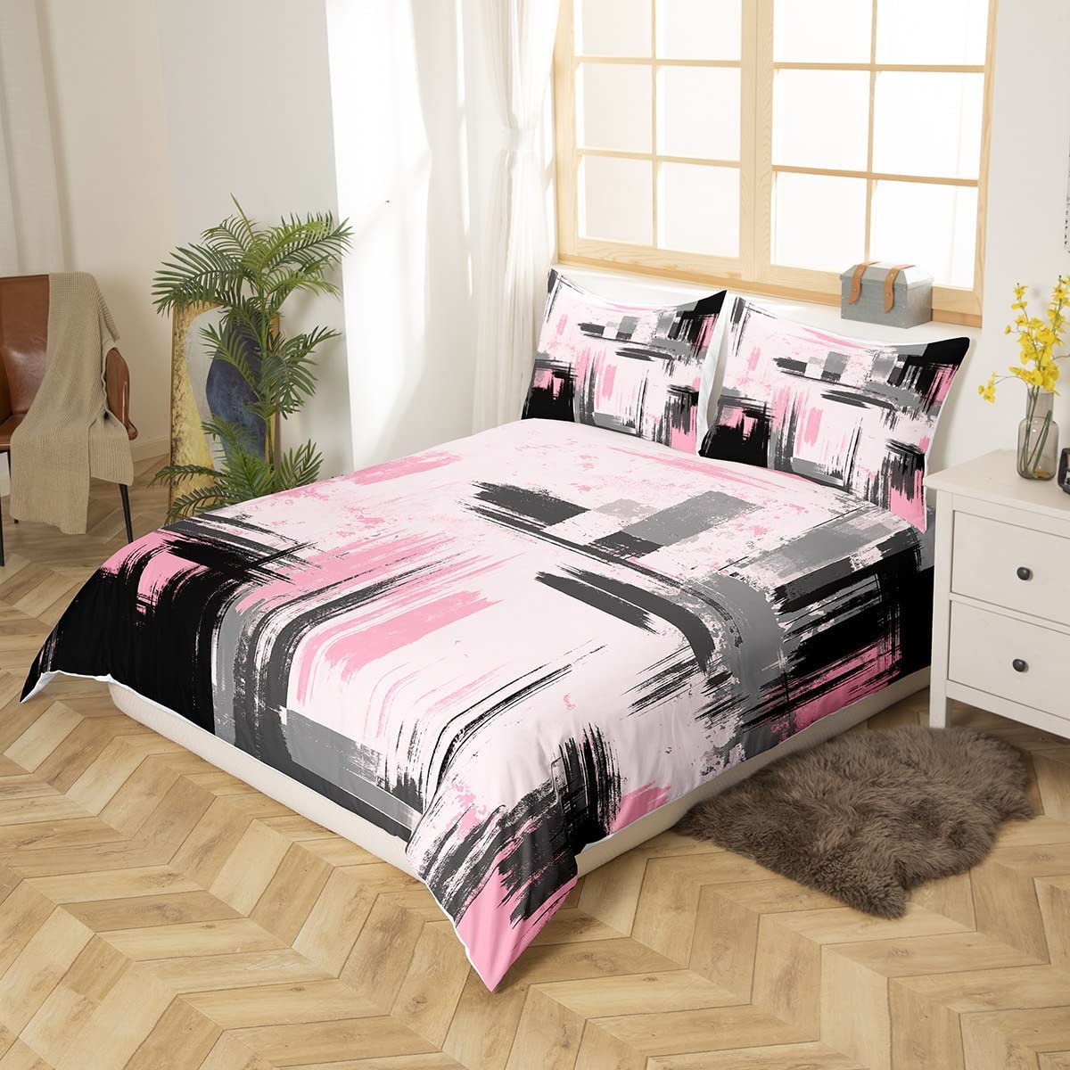 Feelyou Abstract Bedding Duvet Cover Set Kids Modern Abstract Art Bedding Set Pink Black Comforter Cover Set for Boys Room Decor Lightweight Retro Bedspread Cover Queen Size with 2 Pillow Case