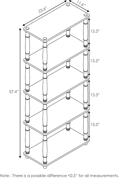 Gros plan sur les tubes en plastique et les étagères en bois composite de l'étagère Furinno Turn 5 Niveaux.