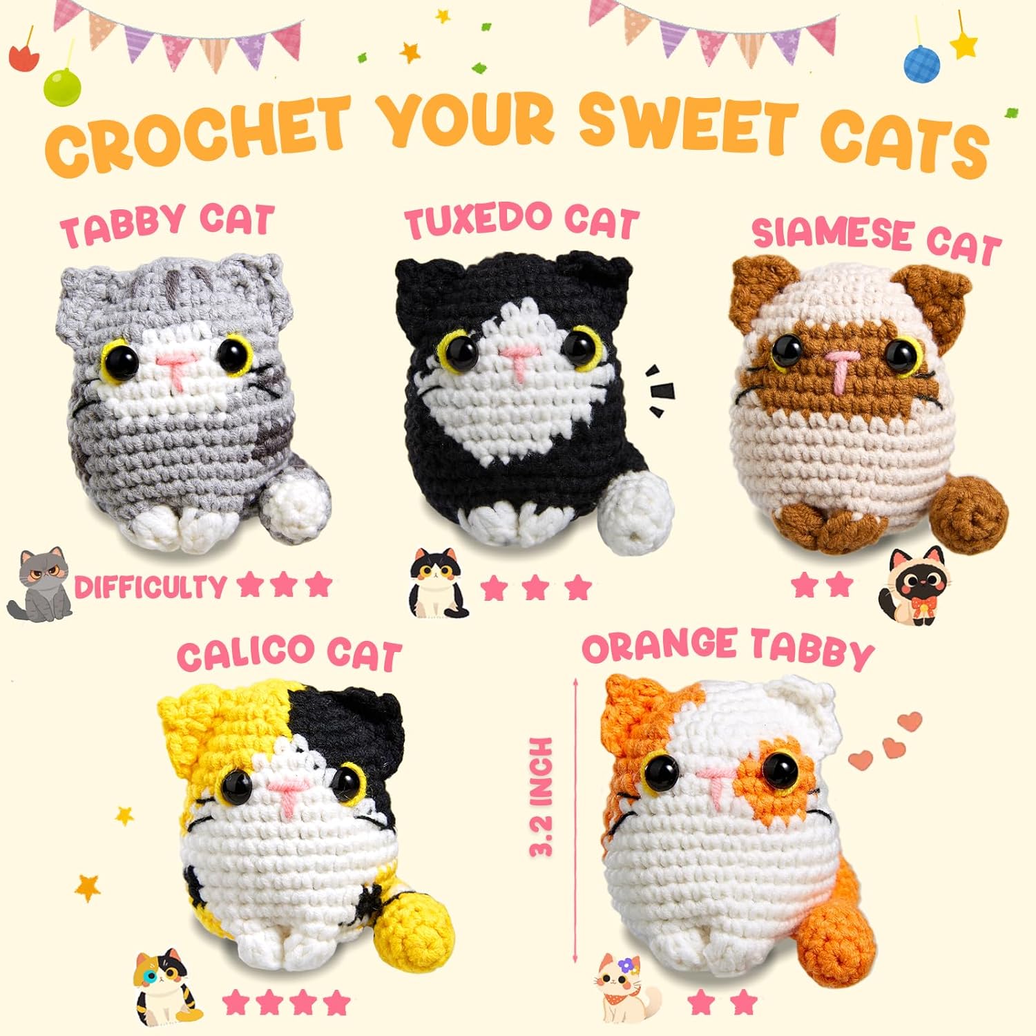 MAGIMUSE Crochet Kit for Beginners, Beginner Crochet Kit with Step-by-Step Video Tutorials, DIY Crochet Animal Kits Amigurumi Craft Knitting Supplies, 5 Pack Cats (40%+ Yarn)