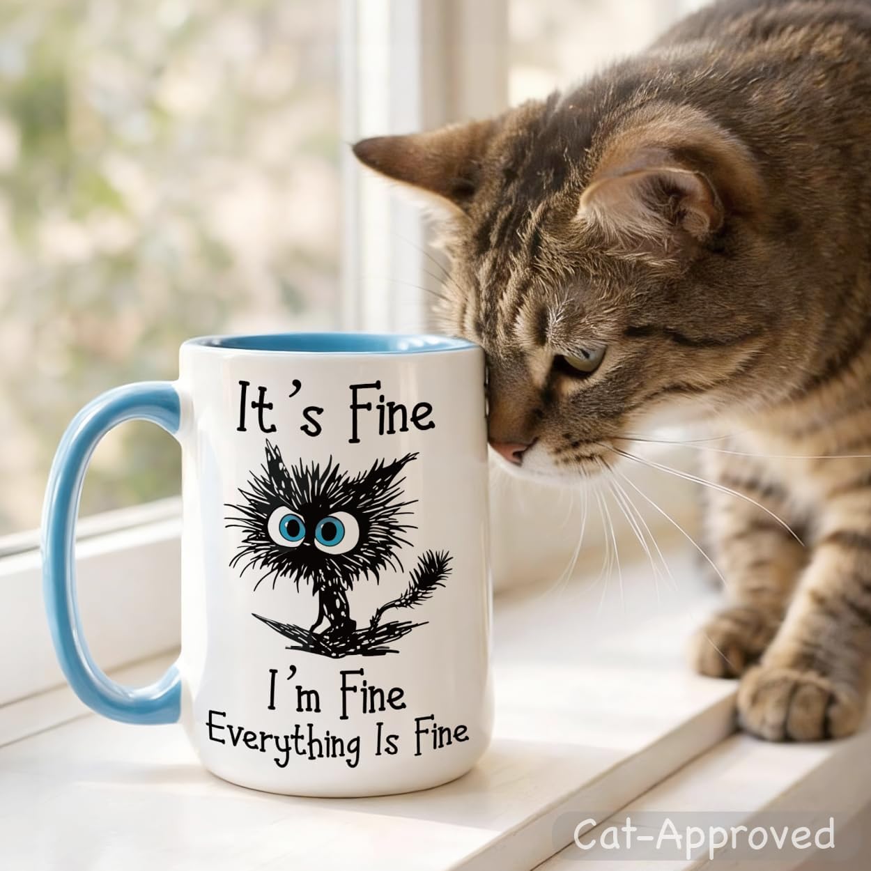 Funny Black Cat Coffee Mug – 15oz Sarcastic I am Fine Everything's Fine Cup – Big Ceramic Mug with Blue Handle – Microwave & Dishwasher Safe – Funny Gag Gift for Cat Lovers, Women, Coworkers - Image 4