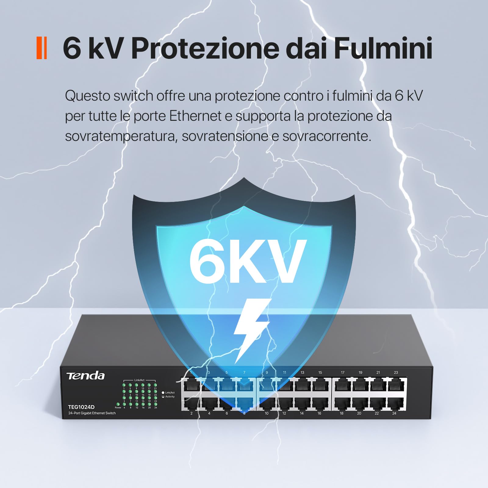 Tenda TEG1024D Switch Ethernet 24 Porte Gigabit, Switch Rete 10/100/1000 Mbps, Montaggio Desktop/Wall/Rack, Protezione Contro i fulmini, Funzionamento Silenzioso, Plug & Play, Metallo