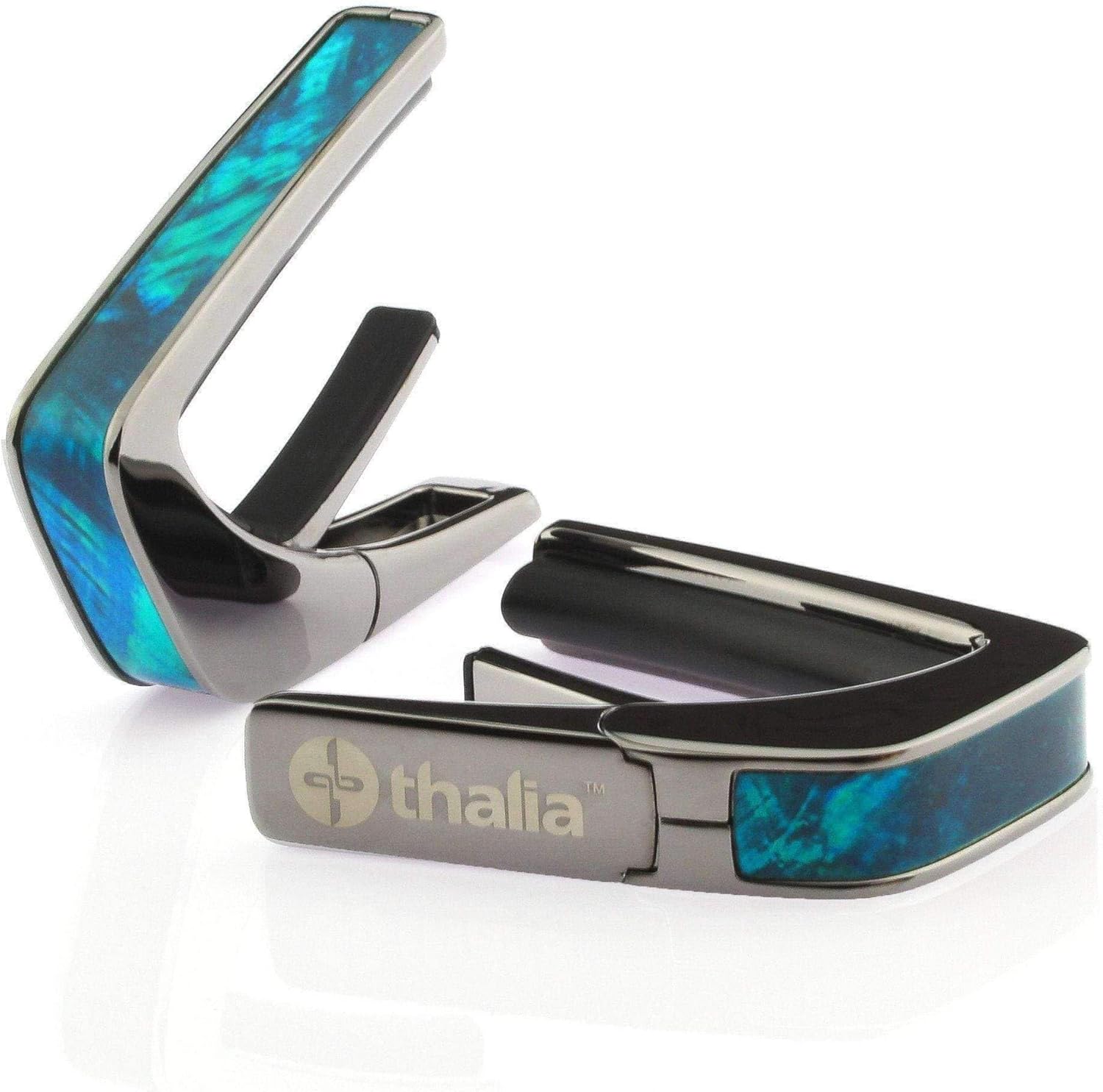 THALIA BLACK CHROME FINISH CAPO WITH TEAL ANGEL WING INLAY