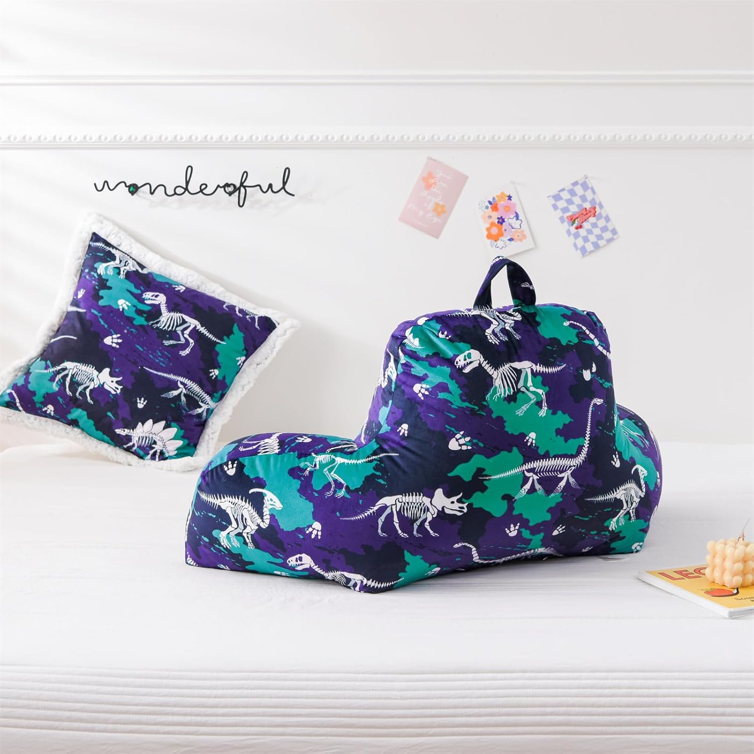 Aimuan Dinosaurs Reading Pillow Bed Rest Wedge Backrest Pillow with Arms Back Support for Sitting Up in Bed Cushion Incline Rest Sleeping Snoring Pillow (Navy-Cyan)