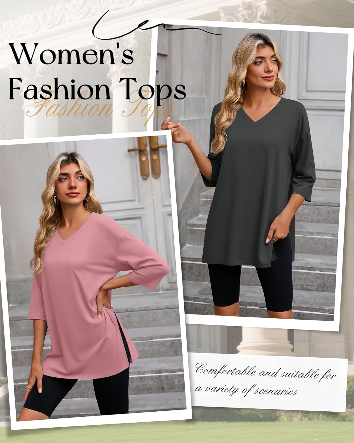 Huukeay 3 Pack Women's 3/4 Sleeve Oversized T-Shirts V Neck Knit Workout Casual Tunic Tops Side Split Loose Basic Tees - Image 2