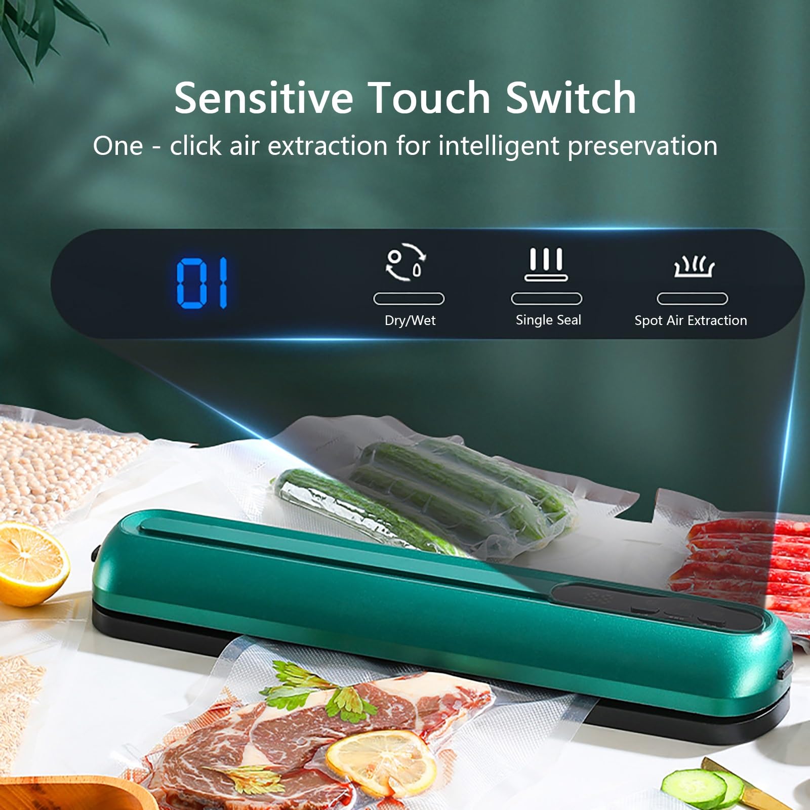 Smart Kitchen Vacuum Sealer - Automatic Food Preservation Sealer, Dry/Moist Modes, Vacuum Sealer for Freshness & Meal Prep(Green)
