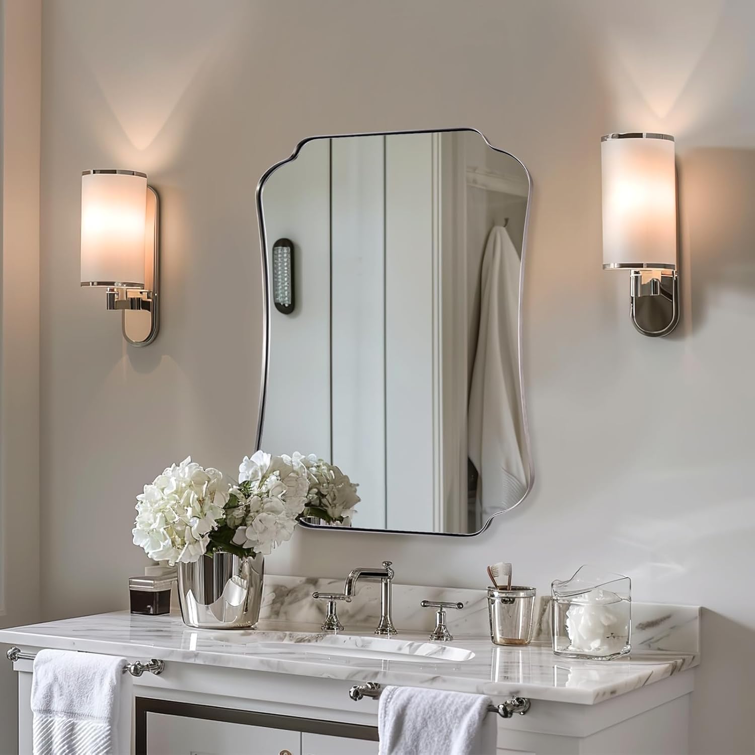 ANDY STAR 24"x32" Brushed Nickel Mirror, Scalloped Bathroom Wall Mirror with Metal Frame for Vanity, Vintage Design Ideal for Entryway, Living Room & Bedroom Decor Brushed Nickel 32"L x 24"W