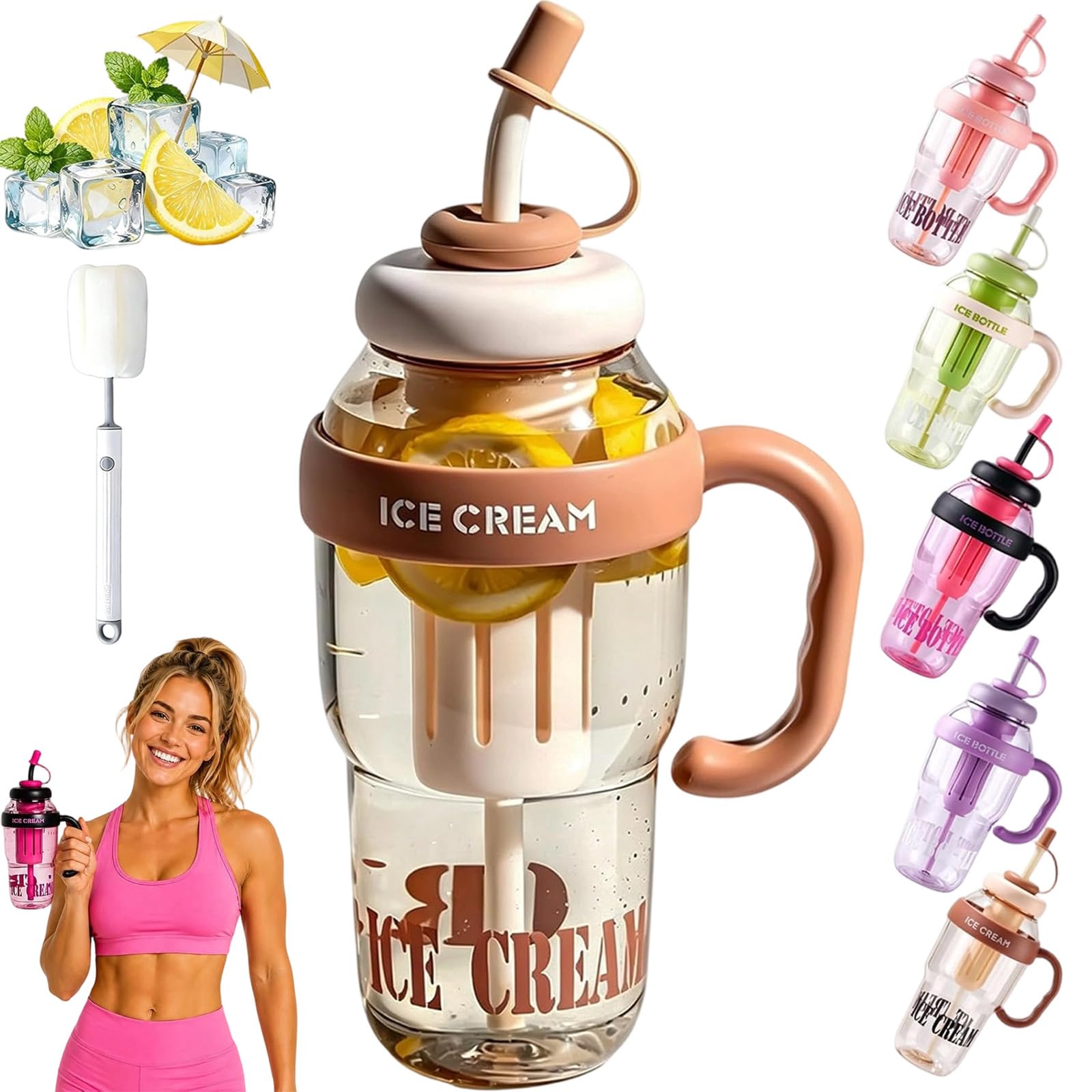 LLELEMAMO 2026 Stylish Large Capacity Sports Water Bottle, 1100ml,1300ml Clear Water Bottle Leakproof with Straw Tea Infuser Portable Handle for School Office Outdoor Activities (1300ML,A)