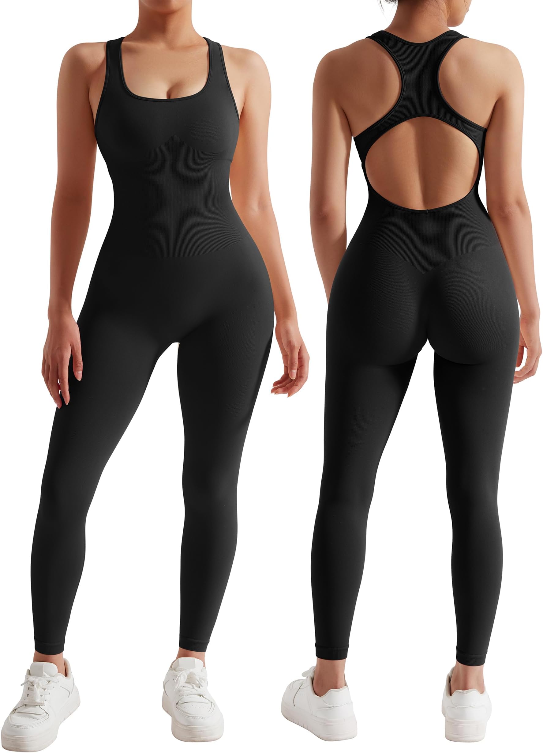 Women Backless One Piece Jumpsuits Sleeveless Scoop Neck Bodycon Romper Seamless Workout Yoga Jumpsuits