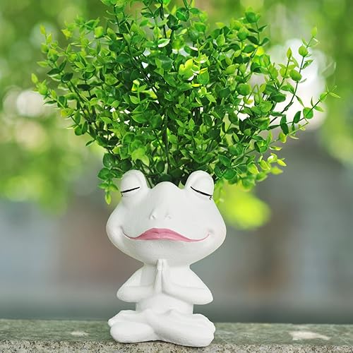 Miniatura 8 de Macetas de cara con cabeza de rana rezando, maceta de resina con orificio de drenaje